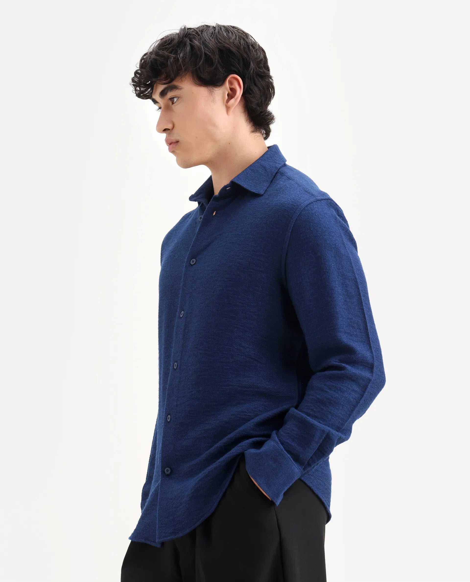 Rare Rabbit Men's Mulfir Blue Viscose Fabric Collared Neck Regular Fit Plain Shirt