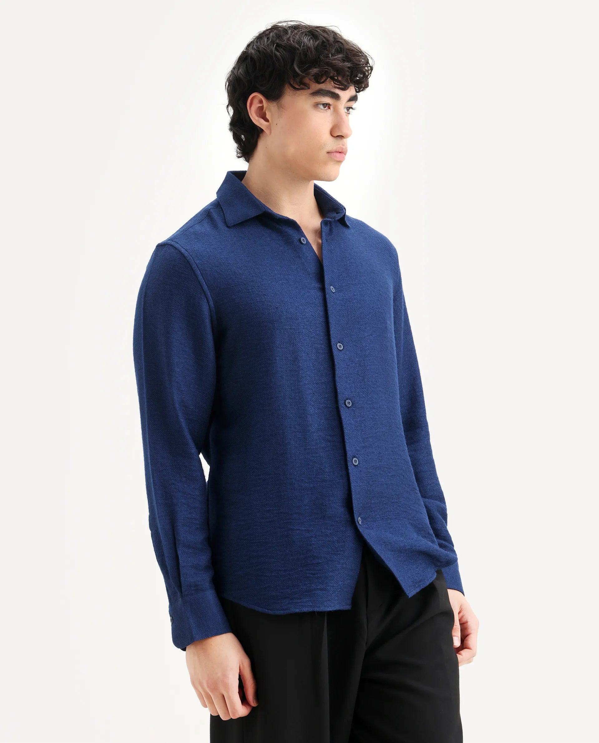 Rare Rabbit Men's Mulfir Blue Viscose Fabric Collared Neck Regular Fit Plain Shirt