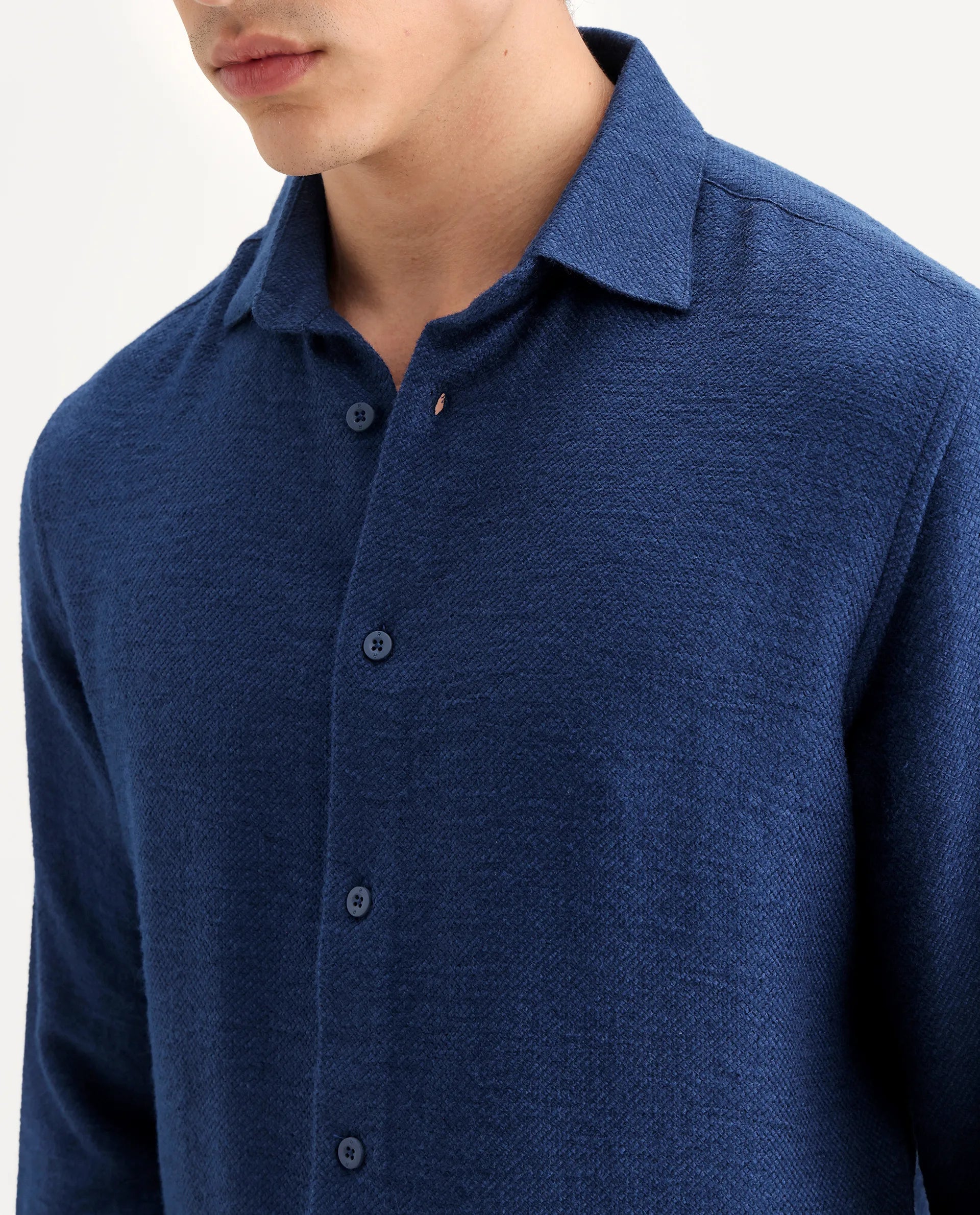 Rare Rabbit Men's Mulfir Blue Viscose Fabric Collared Neck Regular Fit Plain Shirt