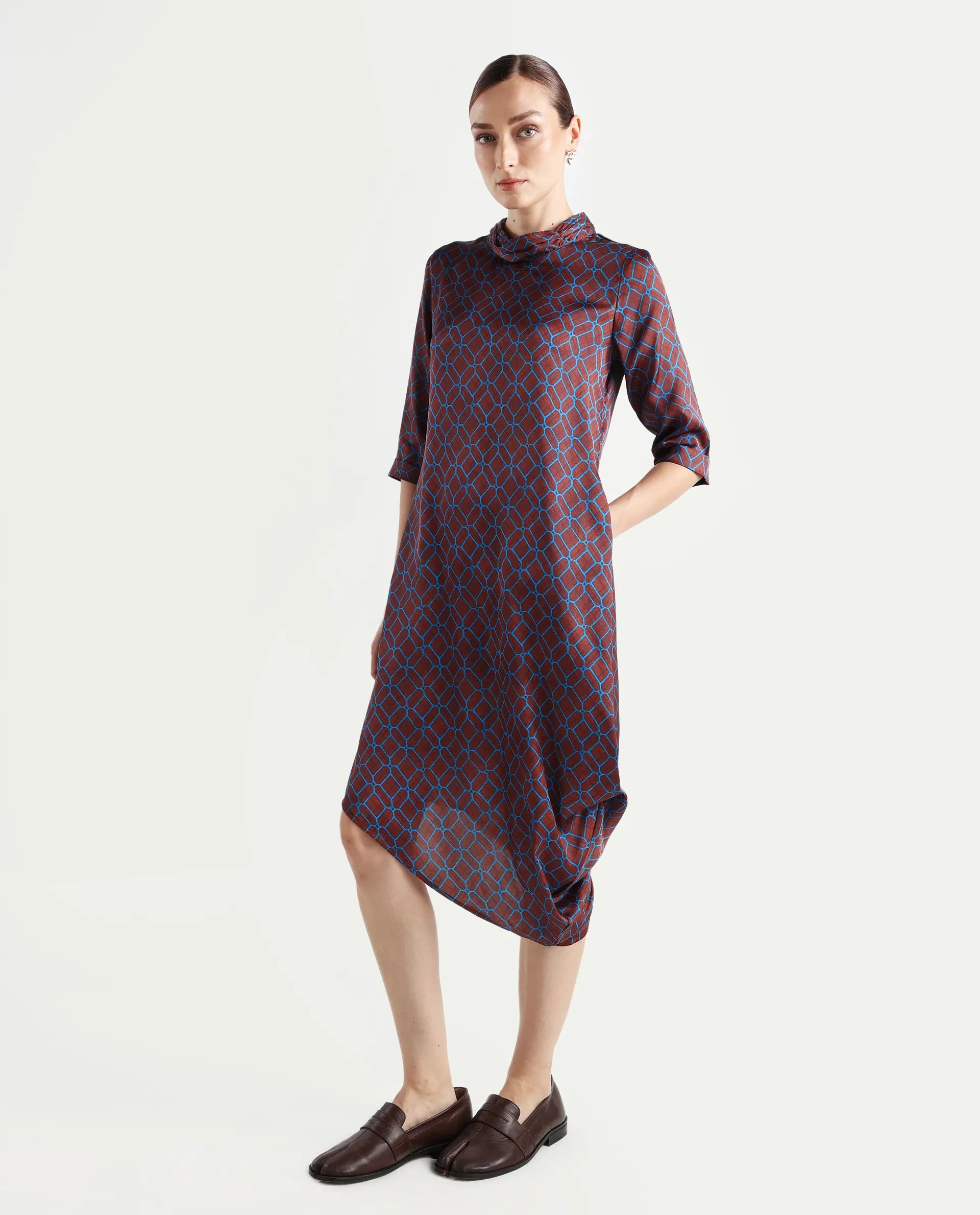 Rareism Women's Mullivio Brown Satin High Neck Geometric Print Midi Relaxed Fit Dress