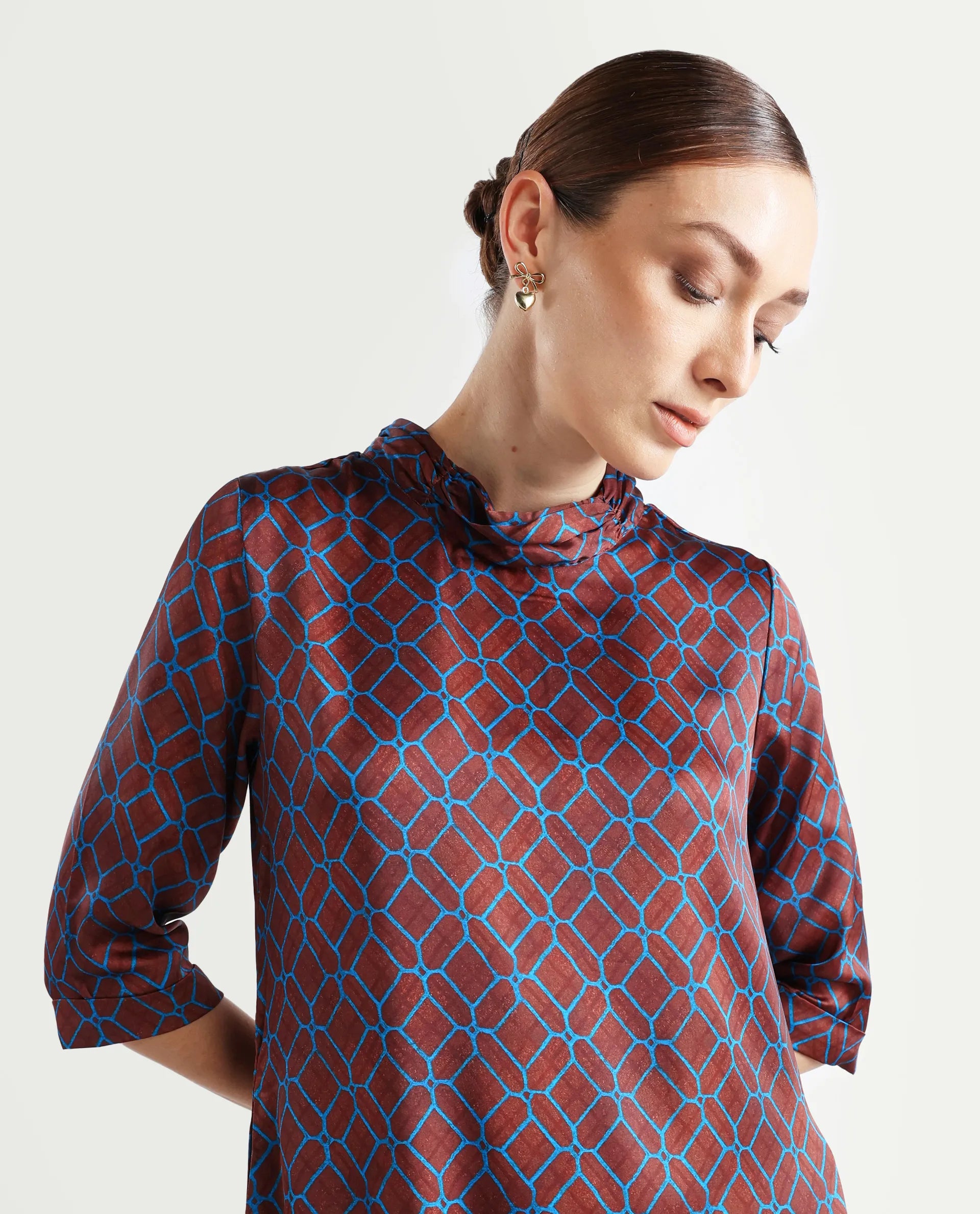 Rareism Women's Mullivio Brown Satin High Neck Geometric Print Midi Relaxed Fit Dress