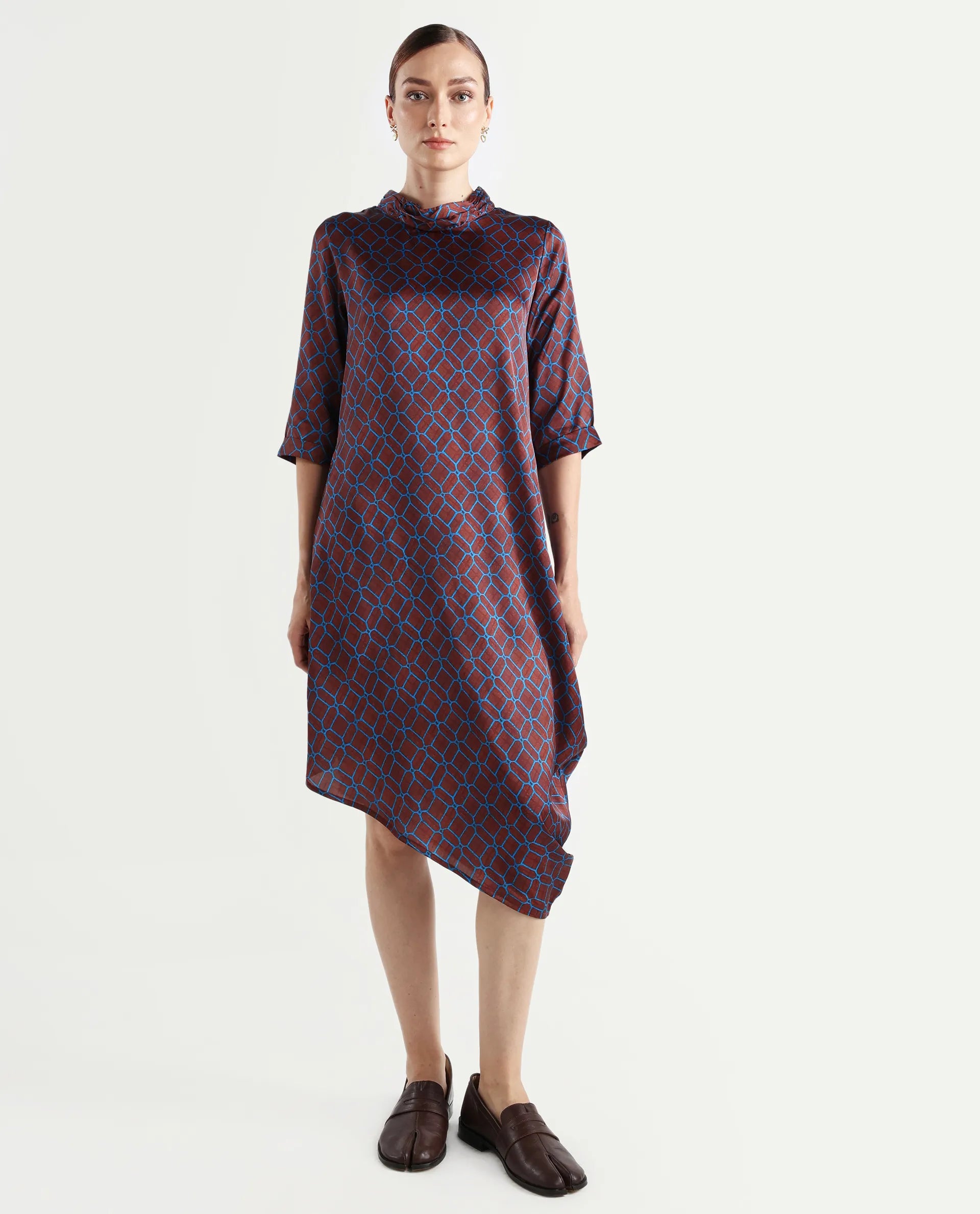 Rareism Women's Mullivio Brown Satin High Neck Geometric Print Midi Relaxed Fit Dress