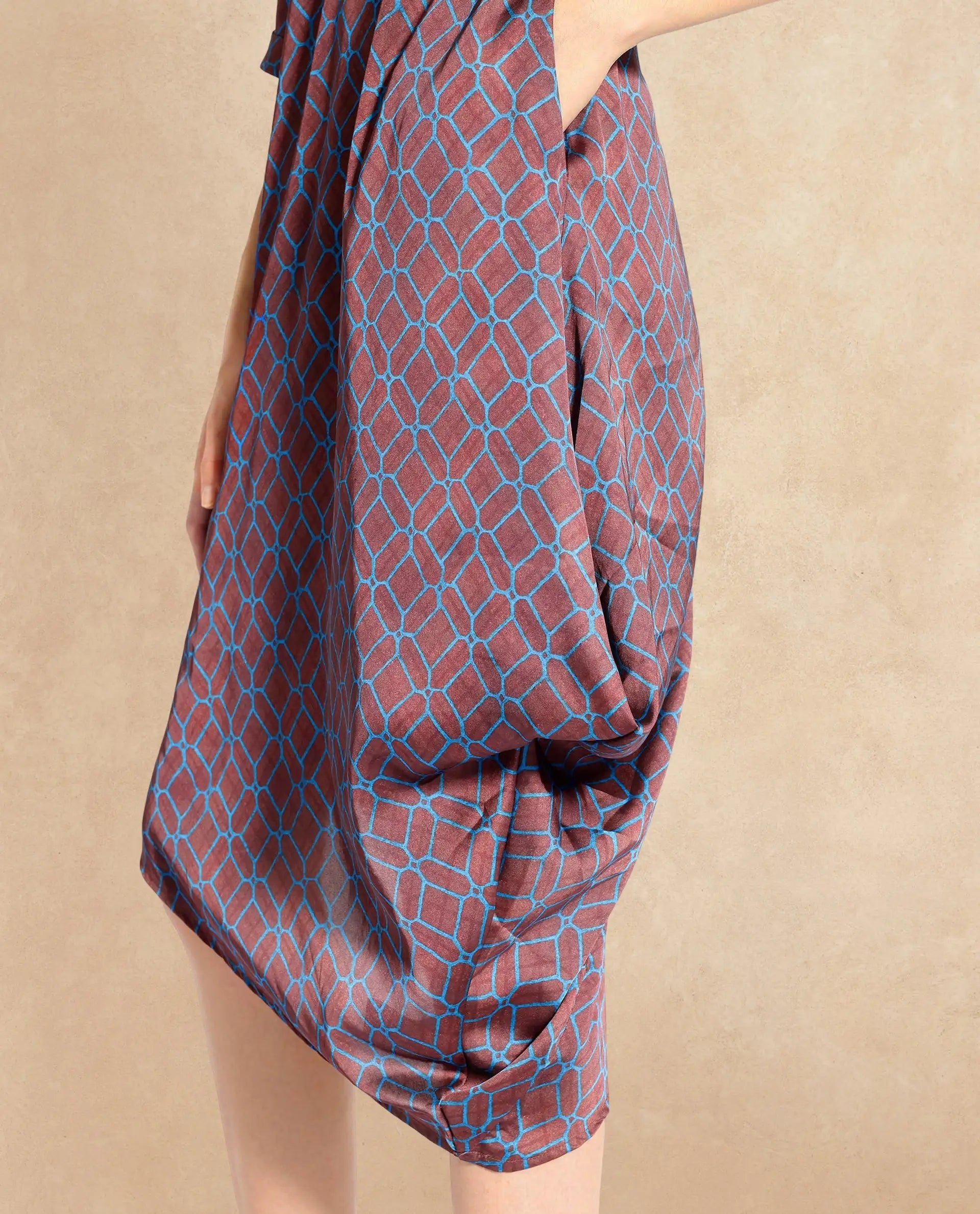 Rareism Women Mullivio Brown 3/4Th Sleeve High Neck Zipper Relaxed Fit Geometric Print Midi Dress