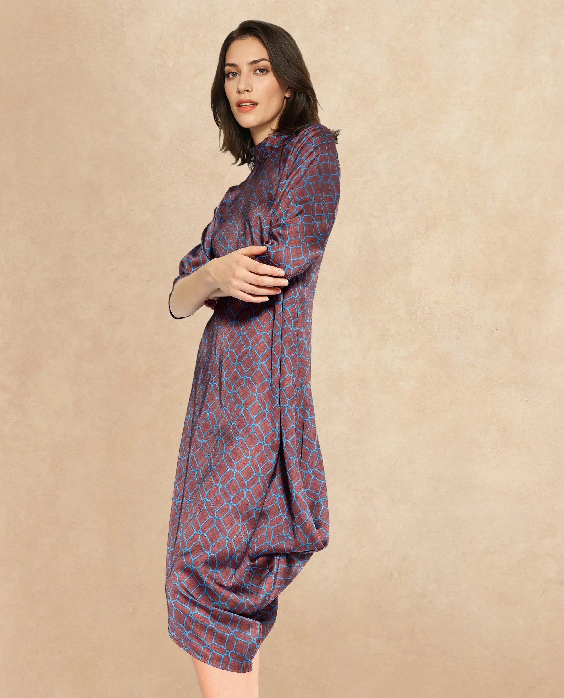 Rareism Women Mullivio Brown 3/4Th Sleeve High Neck Zipper Relaxed Fit Geometric Print Midi Dress