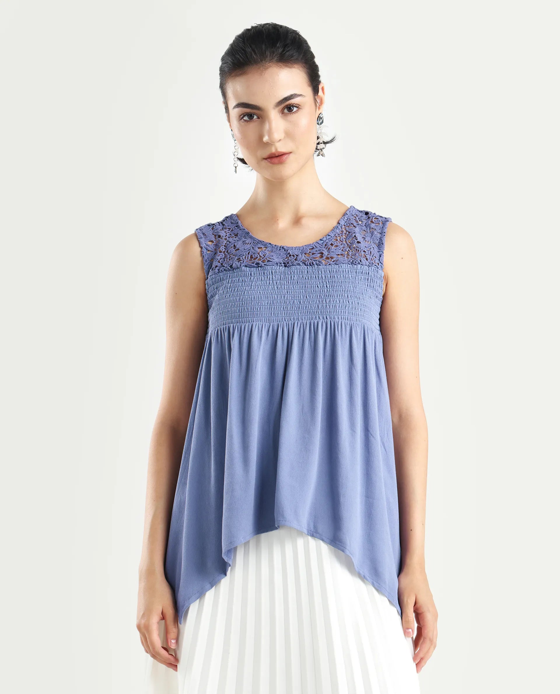 Rareism Women's Mumia Dusky Blue Viscose Blend Crew Neck Plain Sleeveless Regular Fit Top