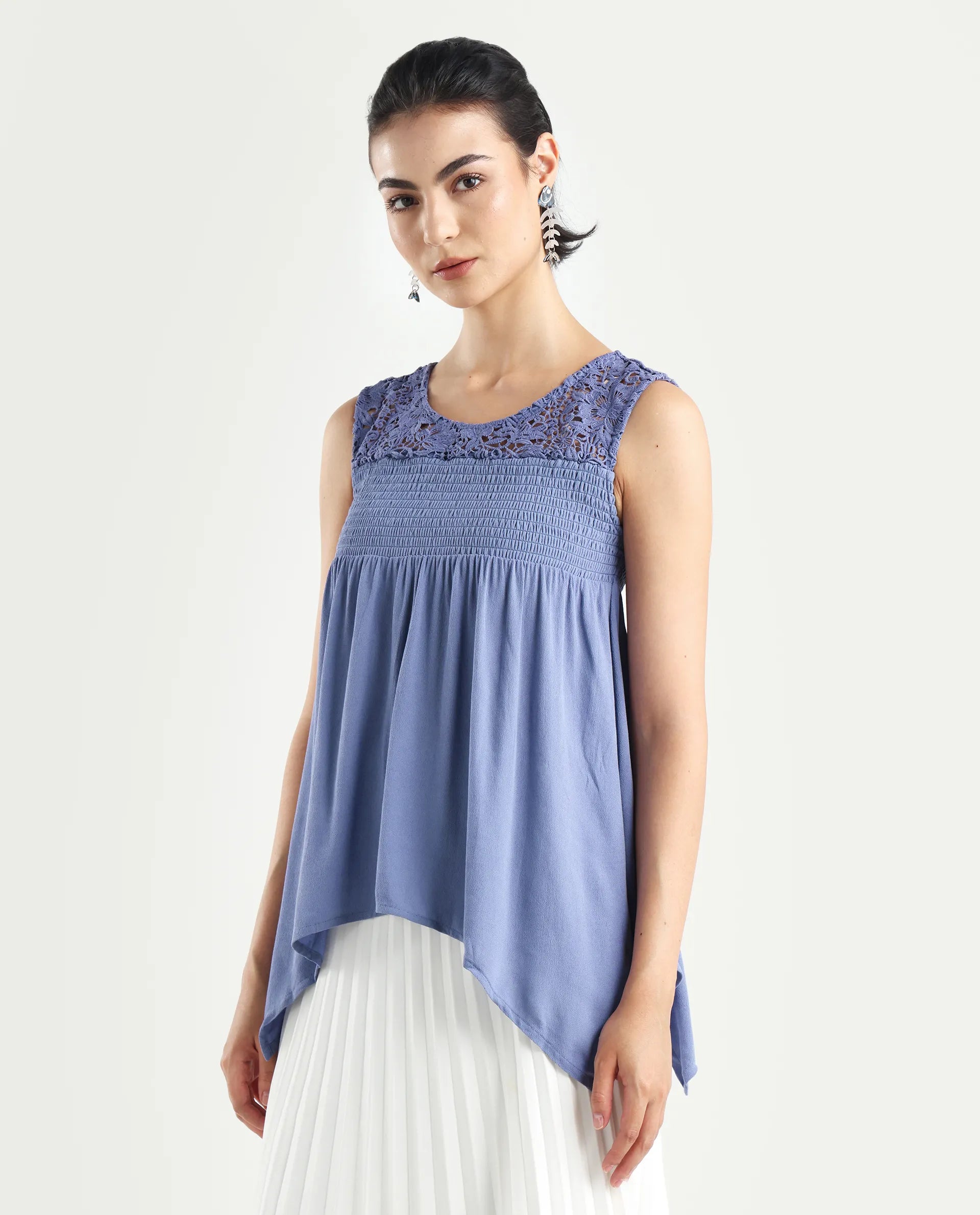 Rareism Women's Mumia Dusky Blue Viscose Blend Crew Neck Plain Sleeveless Regular Fit Top