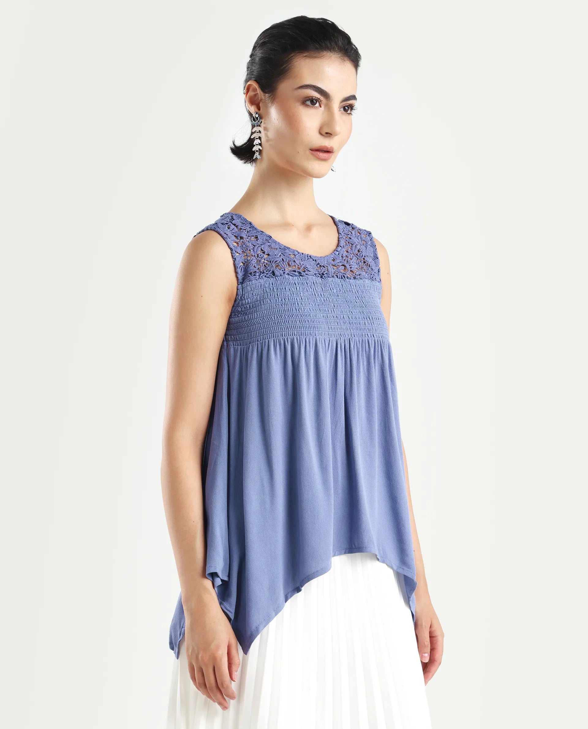 Rareism Women's Mumia Dusky Blue Viscose Blend Crew Neck Plain Sleeveless Regular Fit Top