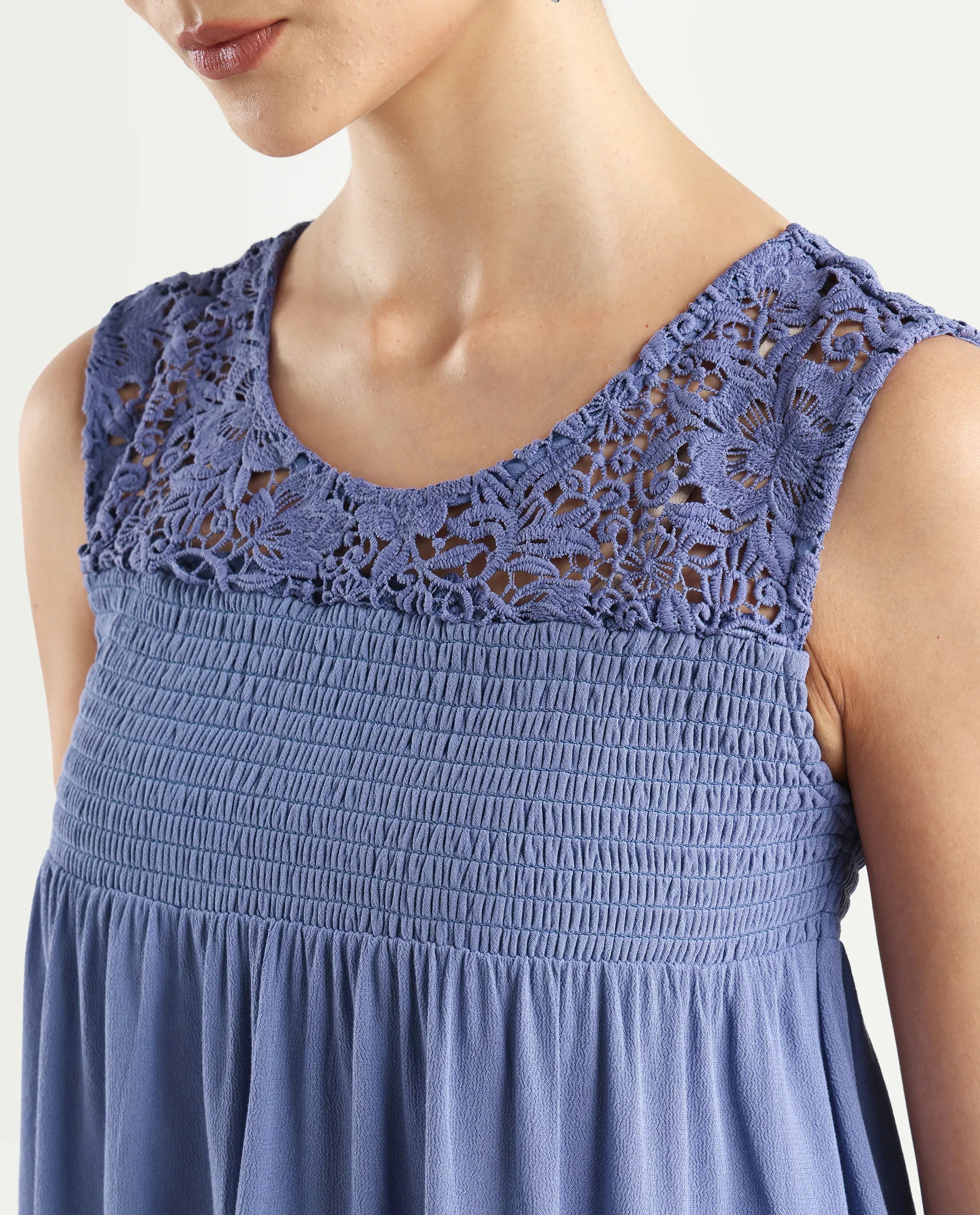 Rareism Women's Mumia Dusky Blue Viscose Blend Crew Neck Plain Sleeveless Regular Fit Top