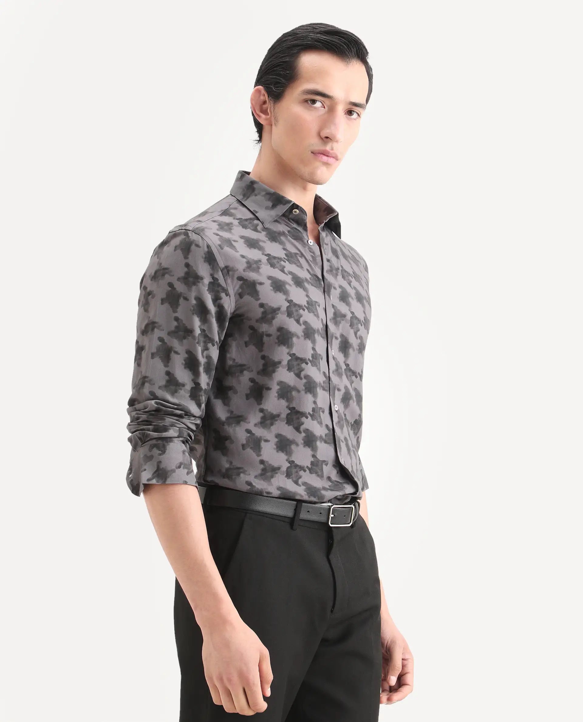 Rare Rabbit Men's Munes Dark Grey Viscose Fabric Collared Neck Regular Geometric Print Shirt