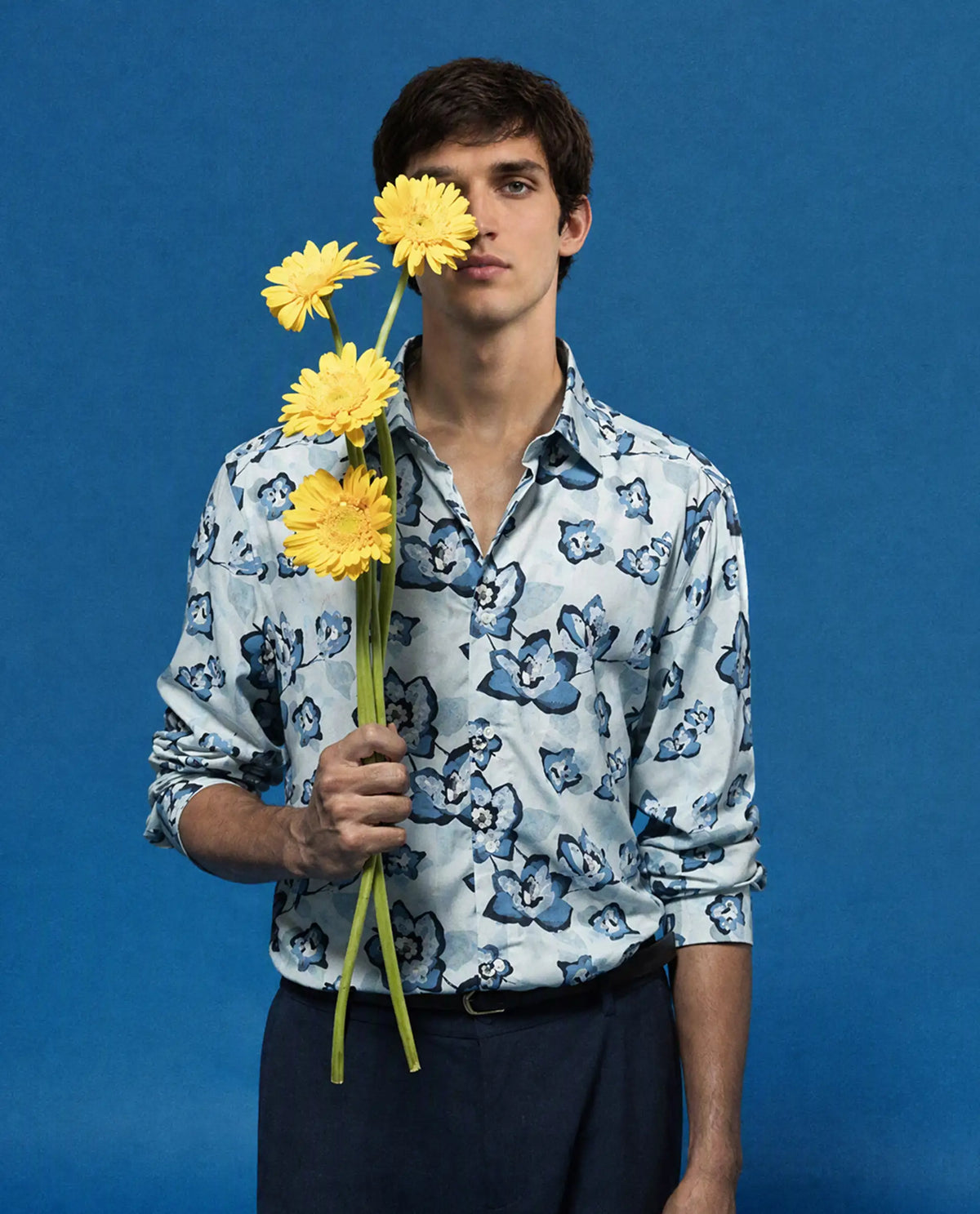 Rare Rabbit Men's Mura Light Blue Viscose Fabric Full Sleeve Spread Collar Regular Floral Print Shirt