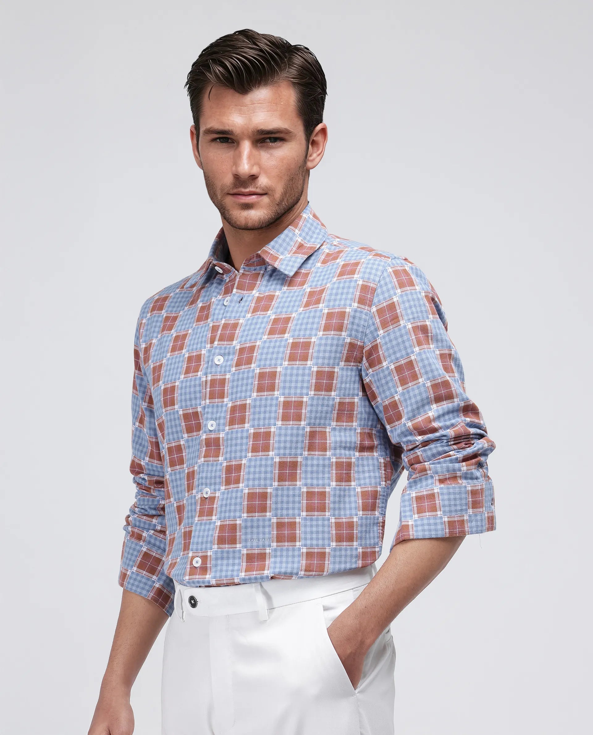 Rare Rabbit Men's Murcia Blue Cotton Fabric Full Sleeve Spread Collar Button Closure Checked Shirt