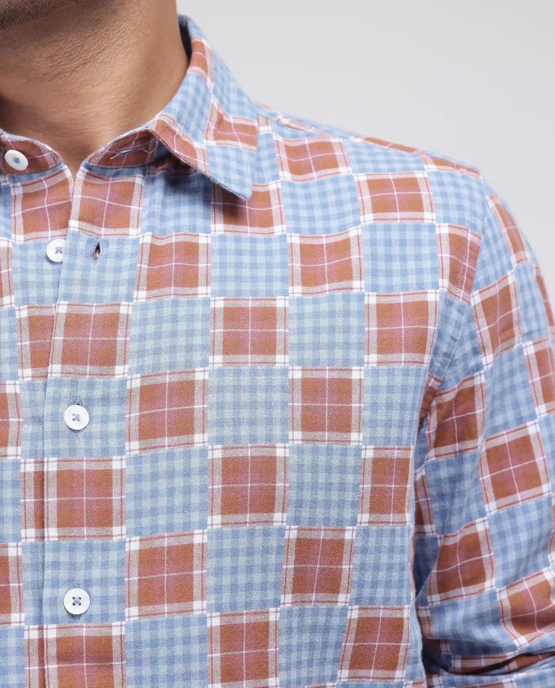 Rare Rabbit Men's Murcia Blue Cotton Fabric Full Sleeve Spread Collar Button Closure Checked Shirt