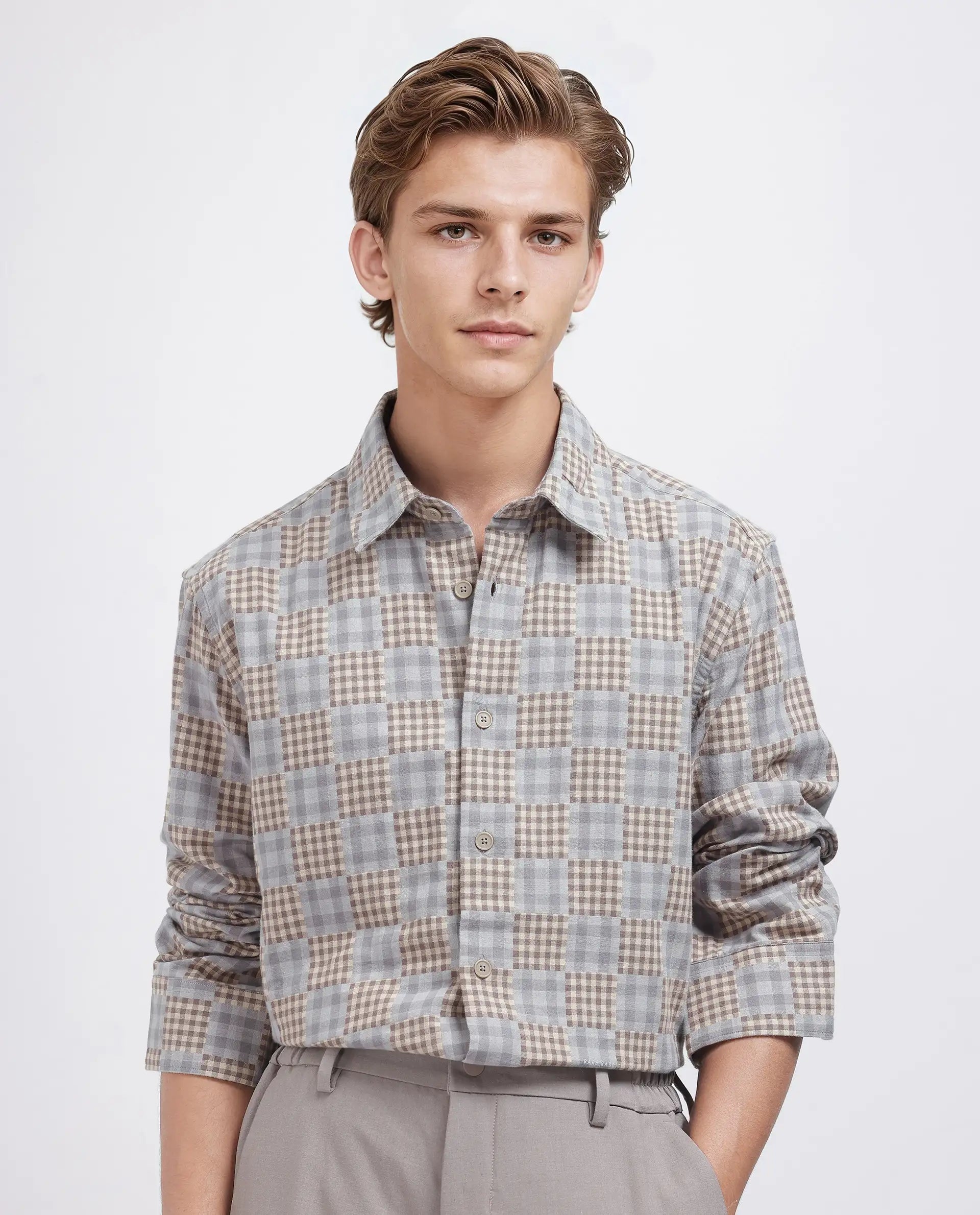 Rare Rabbit Men's Murcia Brown Cotton Fabric Full Sleeve Collared Neck Button Closure Checked Shirt