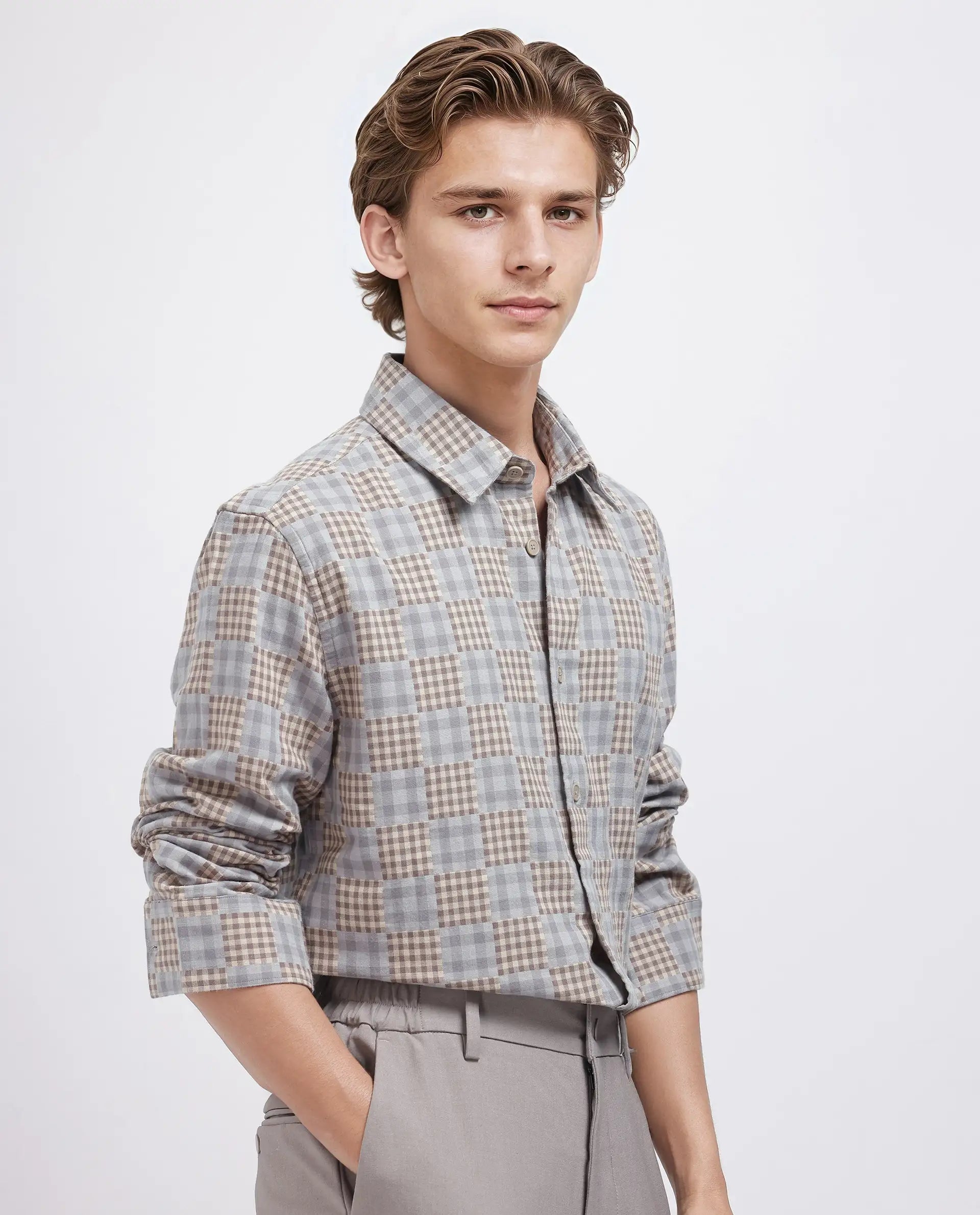 Rare Rabbit Men's Murcia Brown Cotton Fabric Full Sleeve Collared Neck Button Closure Checked Shirt