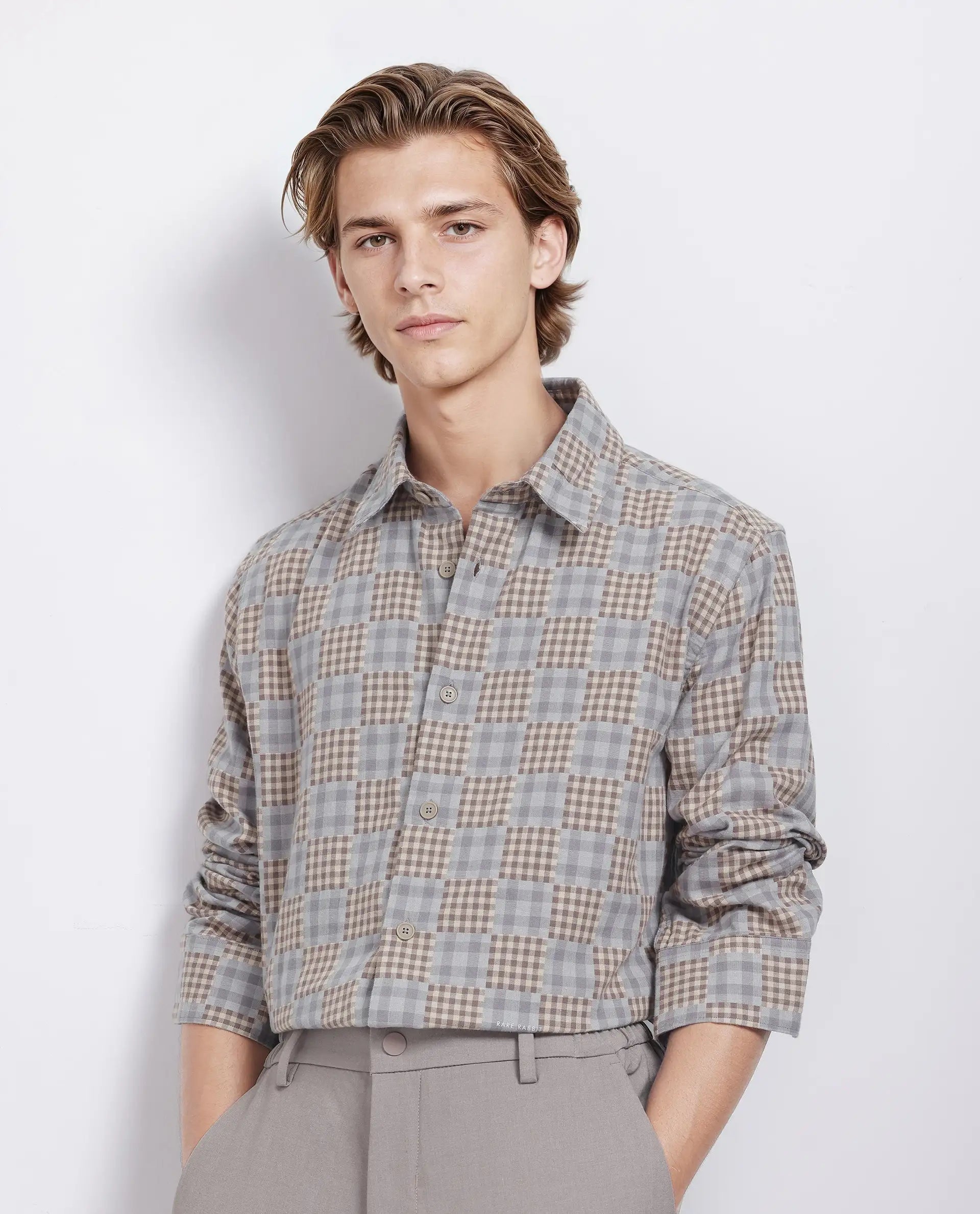 Rare Rabbit Men's Murcia Brown Cotton Fabric Full Sleeve Collared Neck Button Closure Checked Shirt