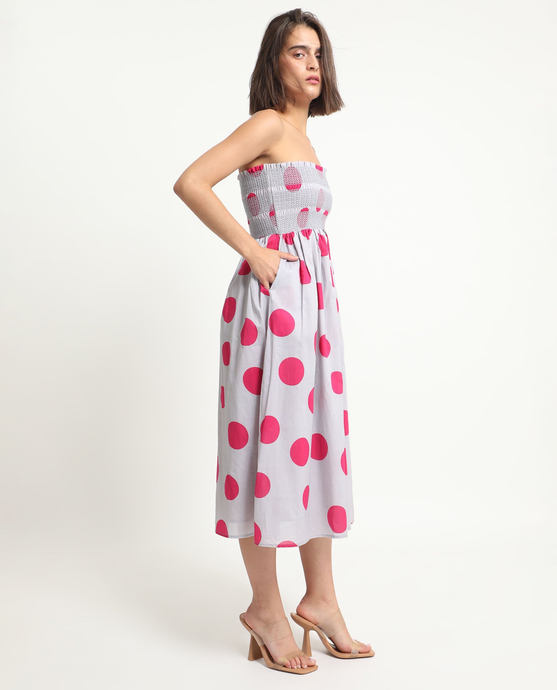 Rareism Women Mureel Grey Cotton Fabric Sleeveless Shoulder Straps Fit And Flare Polka Knee Length Empire Dress