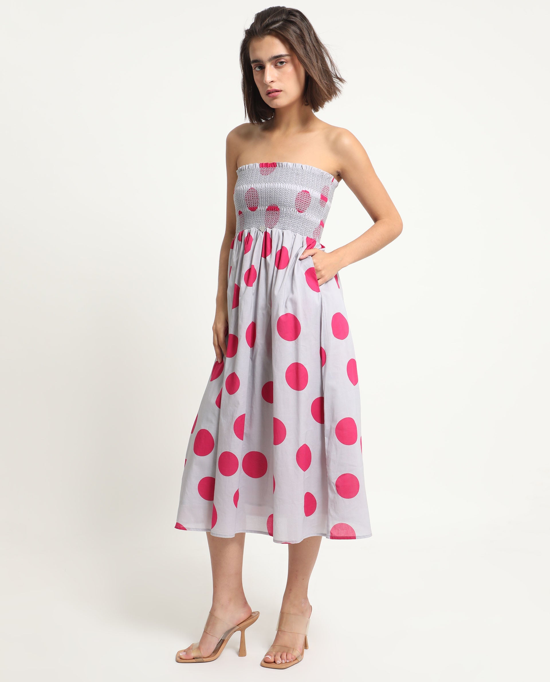 Rareism Women Mureel Grey Cotton Fabric Sleeveless Shoulder Straps Fit And Flare Polka Knee Length Empire Dress