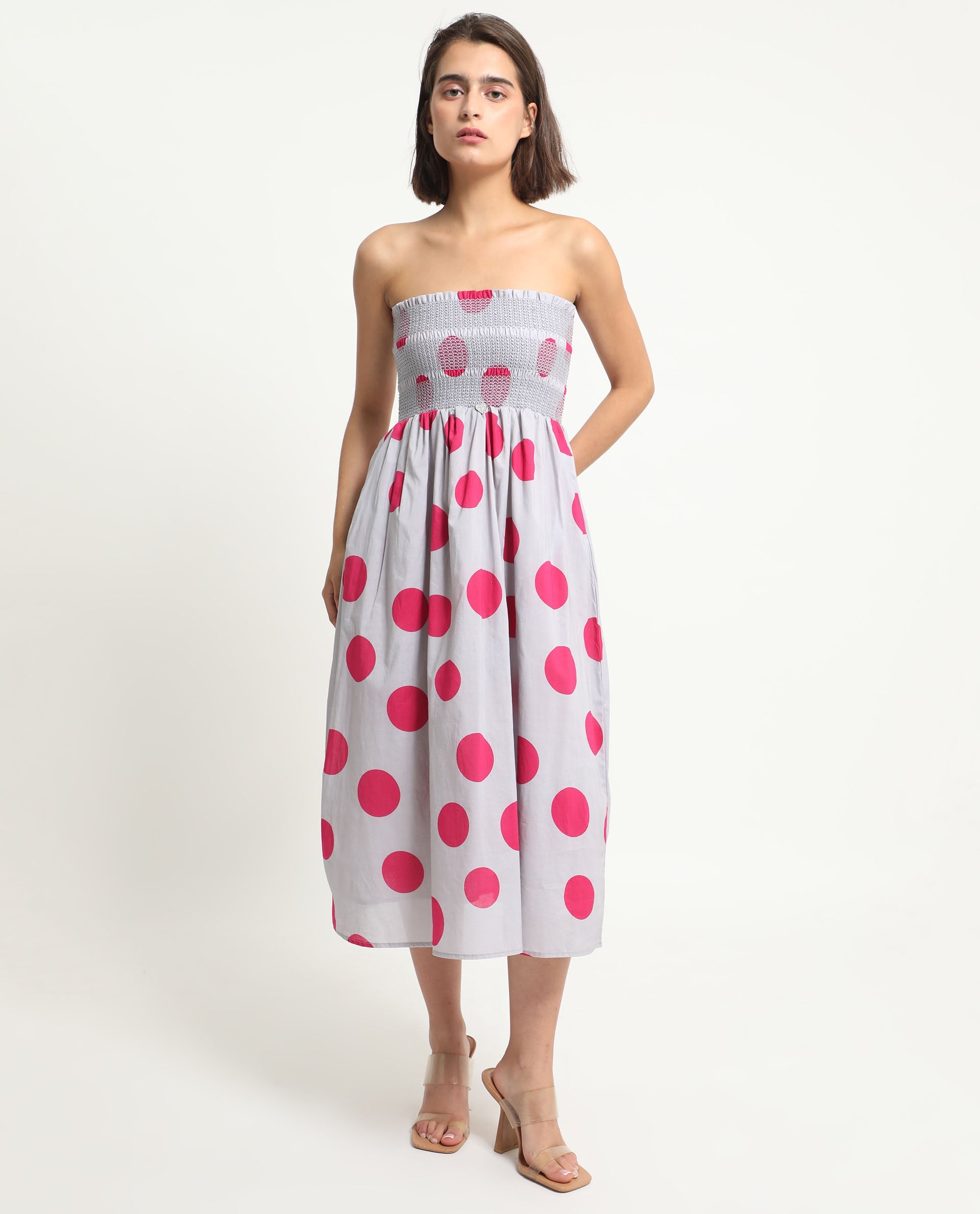 Rareism Women Mureel Grey Cotton Fabric Sleeveless Shoulder Straps Fit And Flare Polka Knee Length Empire Dress