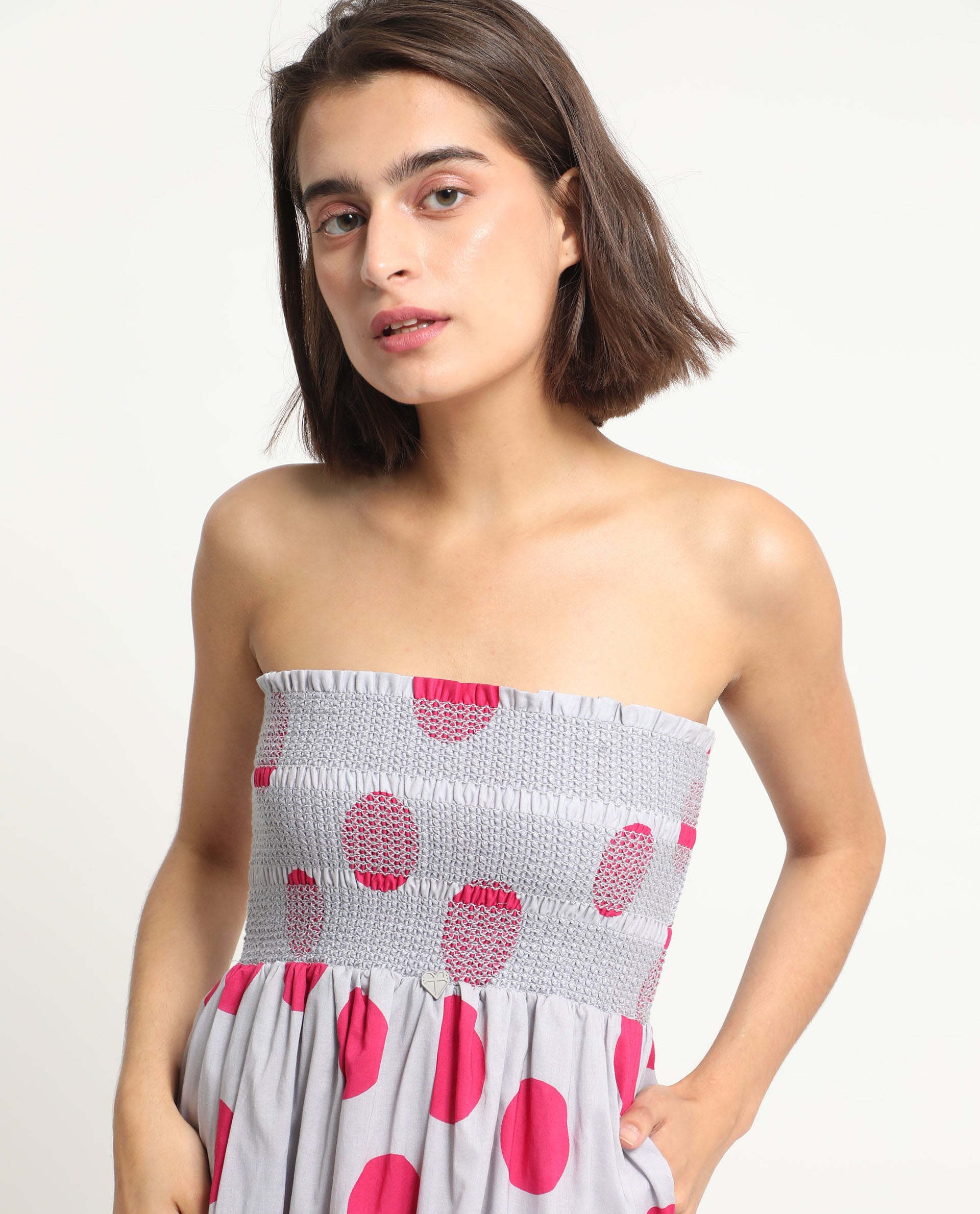 Rareism Women Mureel Grey Cotton Fabric Sleeveless Shoulder Straps Fit And Flare Polka Knee Length Empire Dress