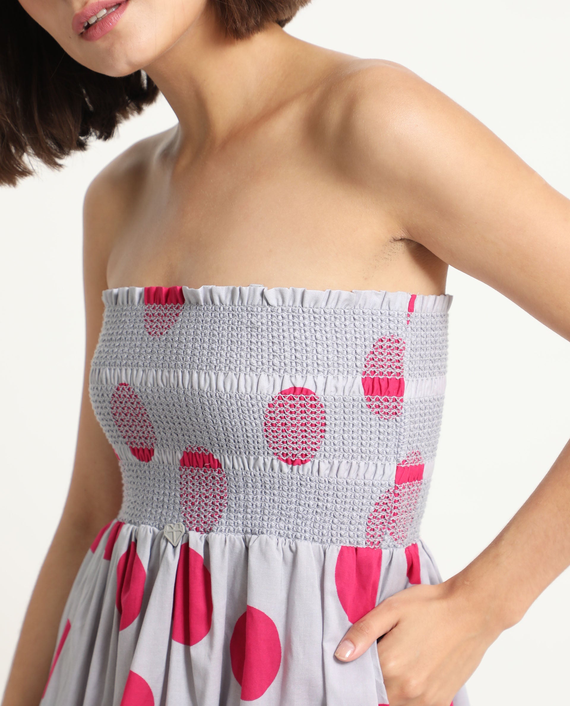 Rareism Women Mureel Grey Cotton Fabric Sleeveless Shoulder Straps Fit And Flare Polka Knee Length Empire Dress