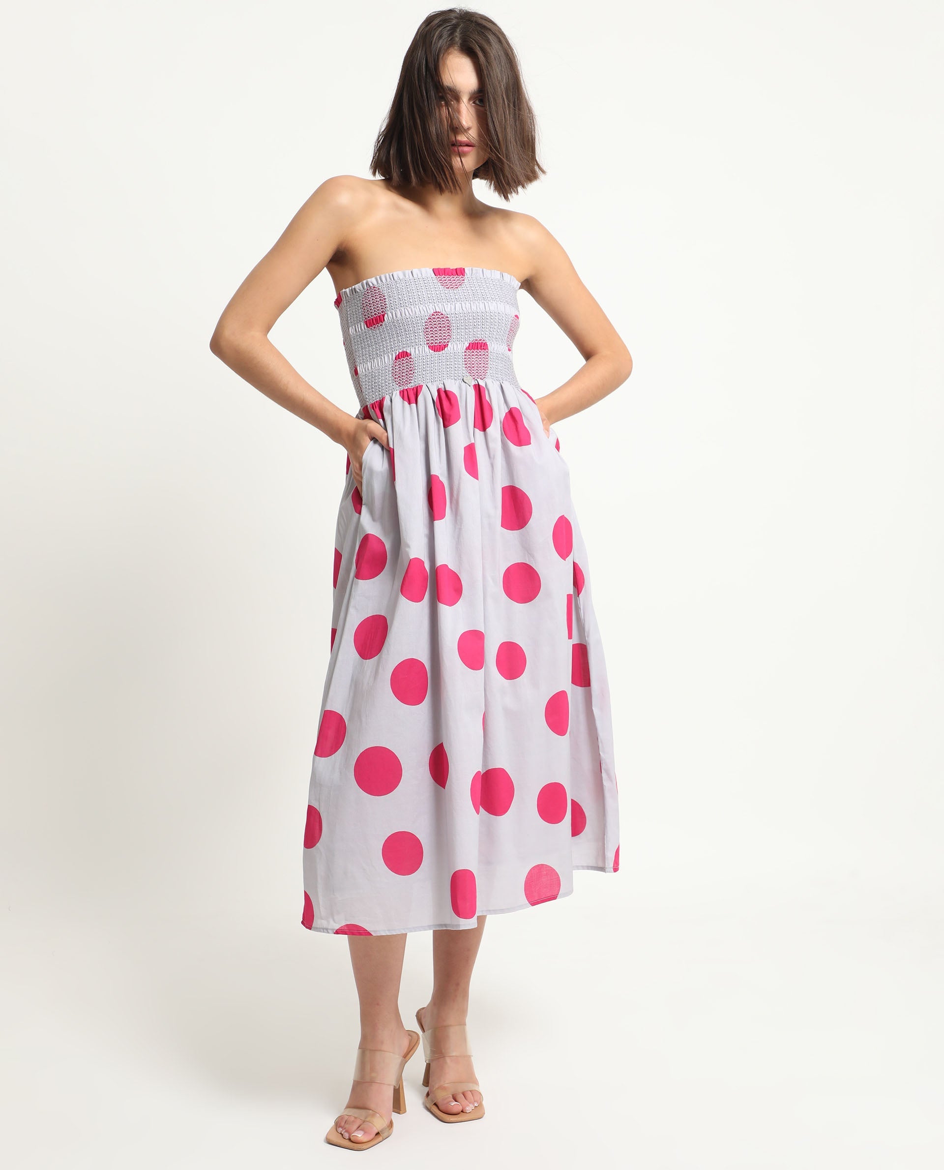 Rareism Women Mureel Grey Cotton Fabric Sleeveless Shoulder Straps Fit And Flare Polka Knee Length Empire Dress