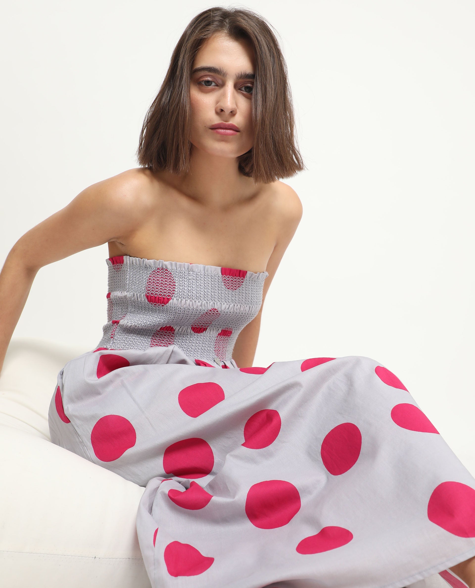 Rareism Women Mureel Grey Cotton Fabric Sleeveless Shoulder Straps Fit And Flare Polka Knee Length Empire Dress