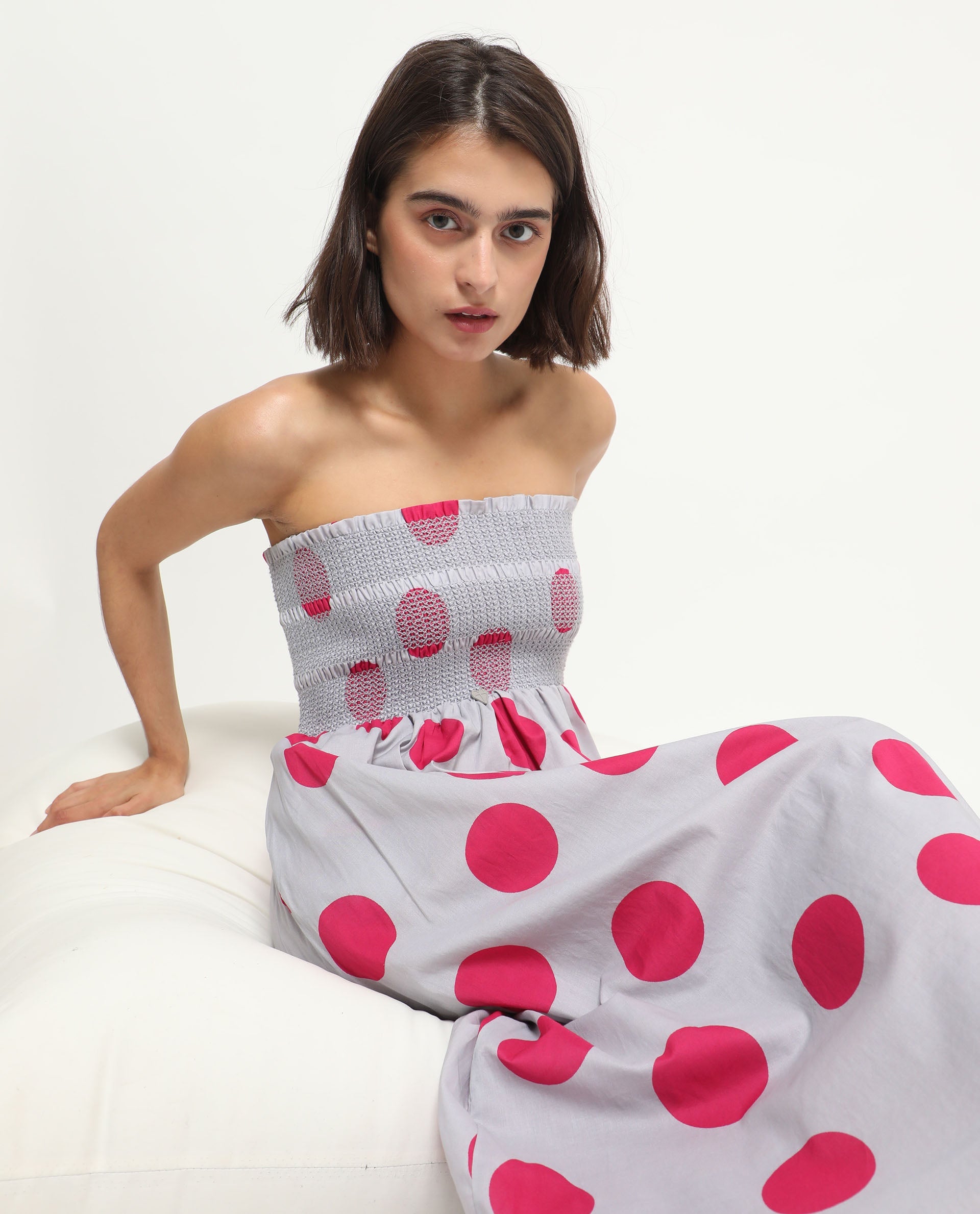 Rareism Women Mureel Grey Cotton Fabric Sleeveless Shoulder Straps Fit And Flare Polka Knee Length Empire Dress