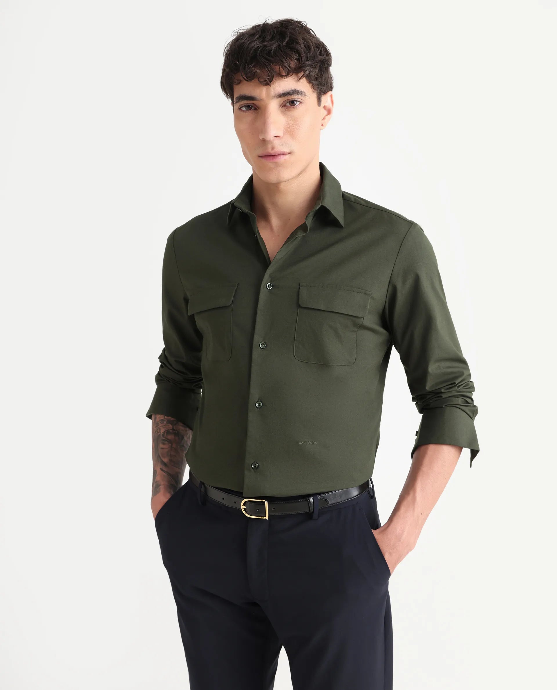 Rare Rabbit Men's Murp Olive Polyester Blend Plain Regular Fit Full Sleeve Collared Shirt