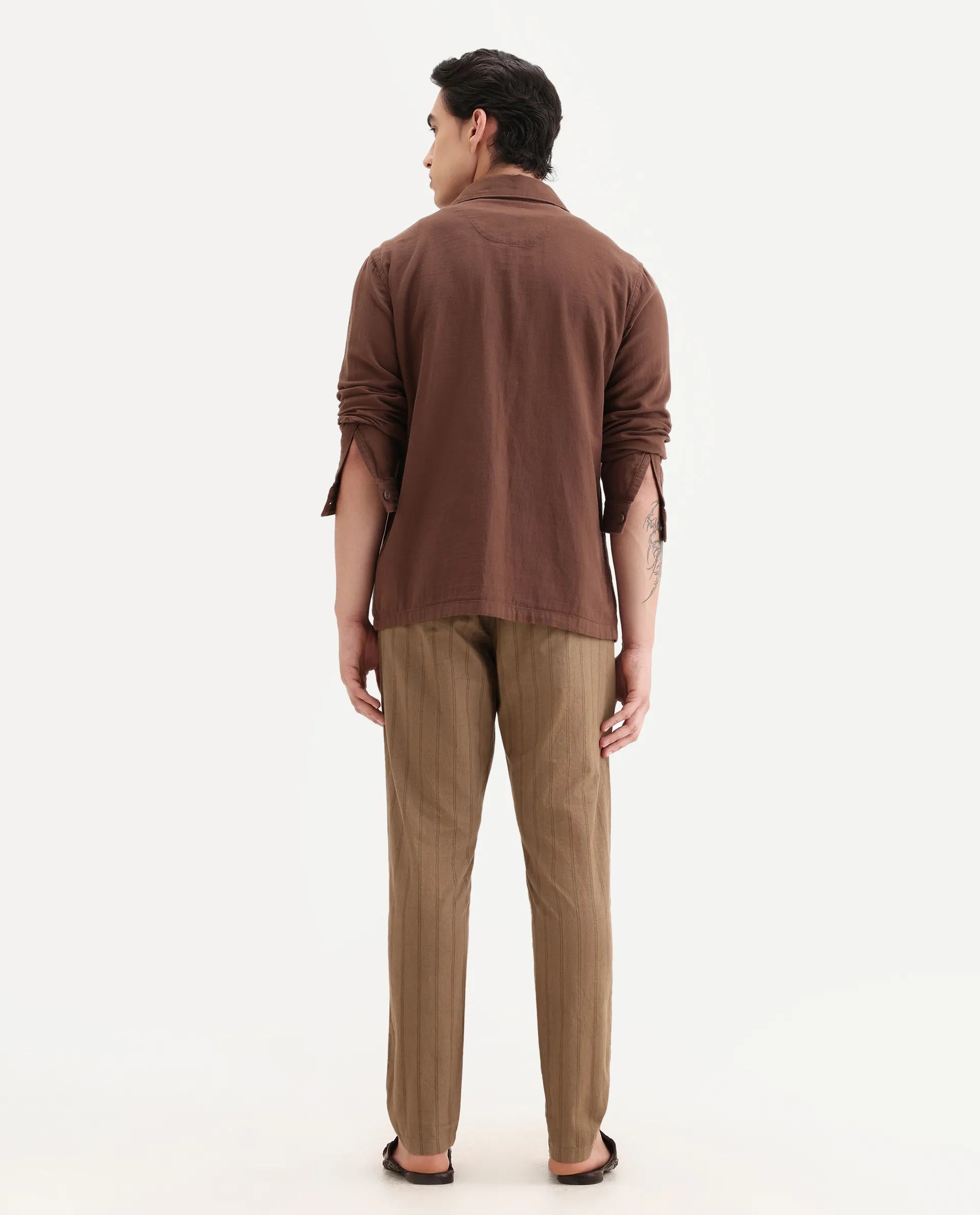 Rare Rabbit Men's Murray Brown Cotton Blend Striped Print Regular Fit Trouser