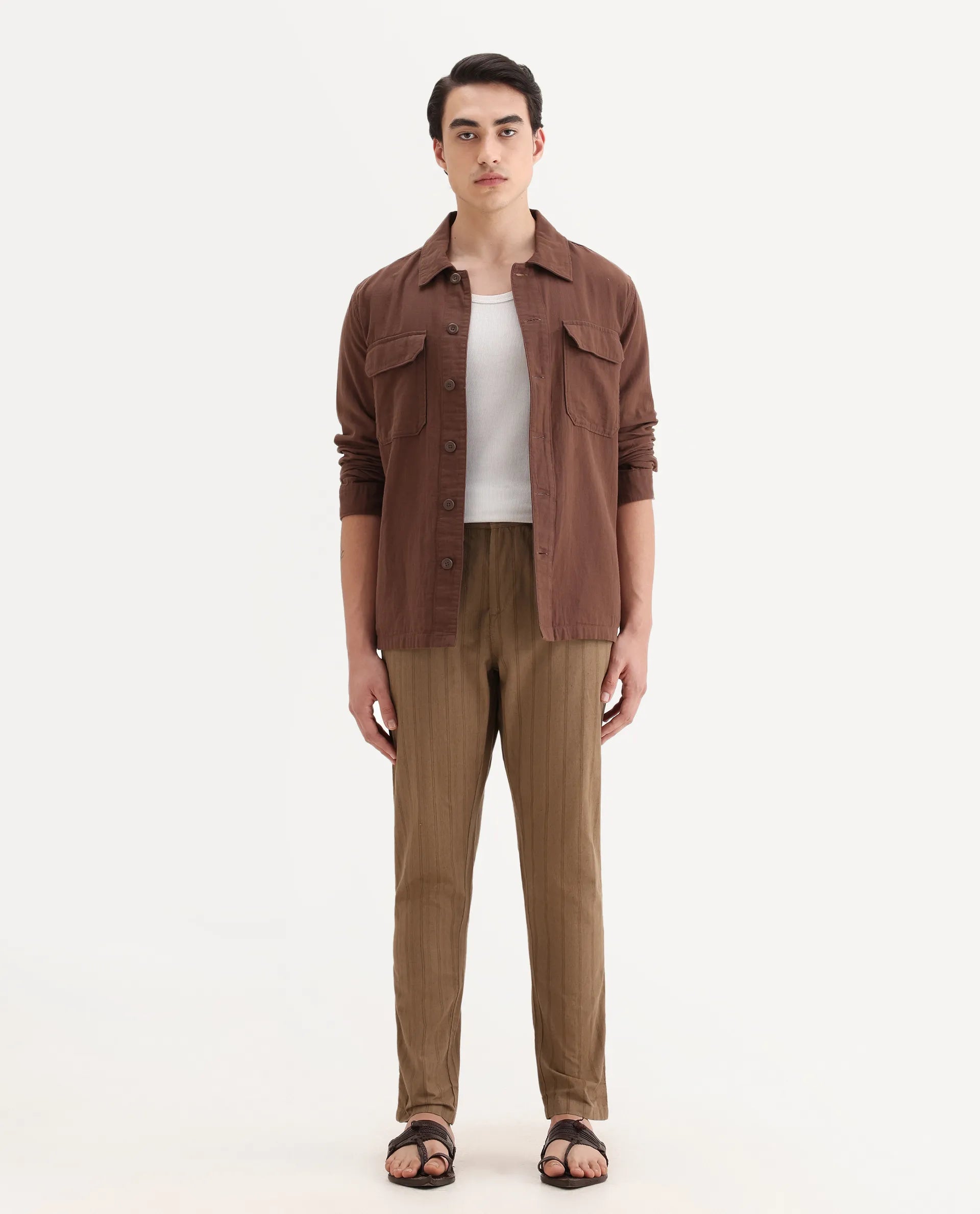 Rare Rabbit Men's Murray Brown Cotton Blend Striped Print Regular Fit Trouser