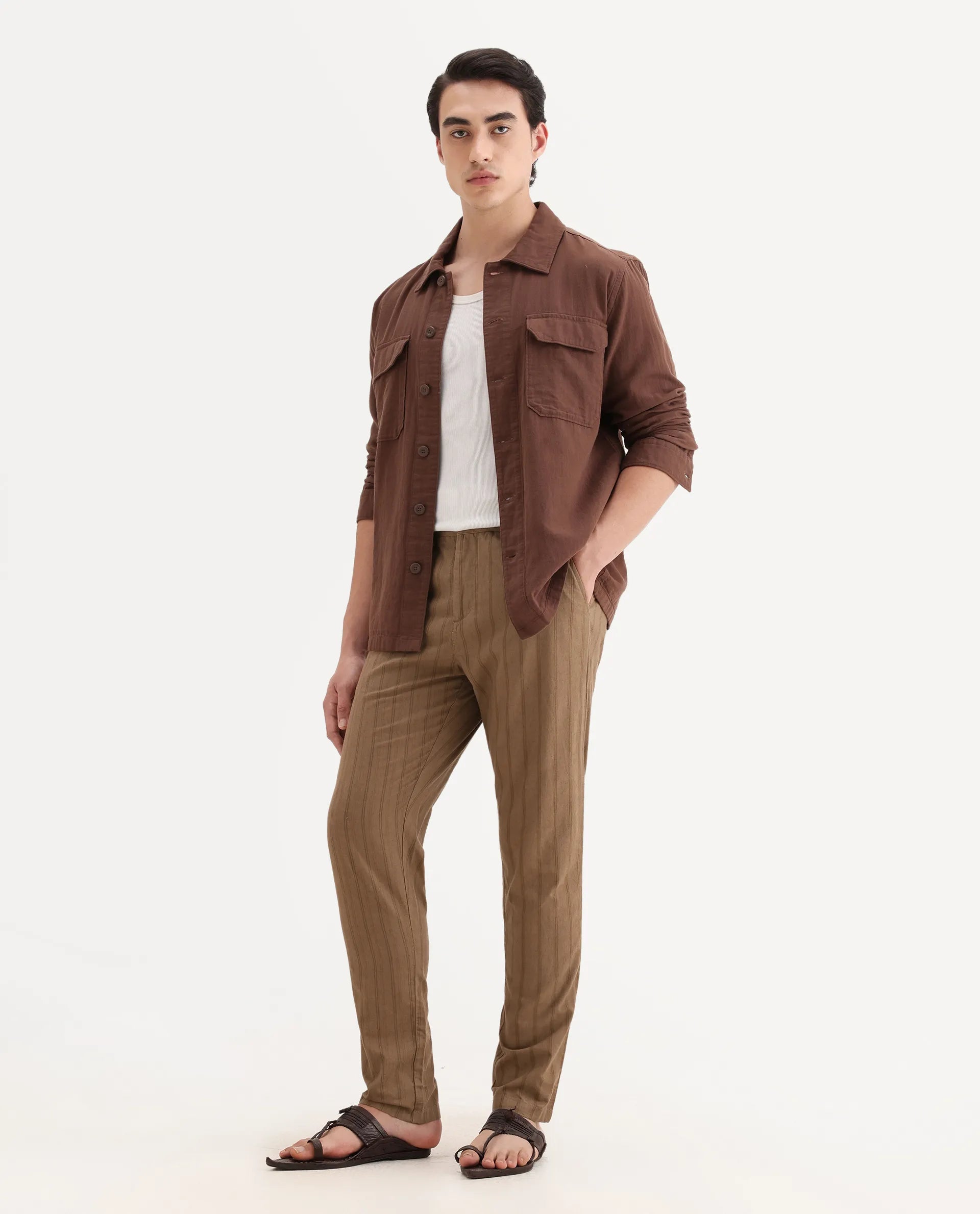 Rare Rabbit Men's Murray Brown Cotton Blend Striped Print Regular Fit Trouser