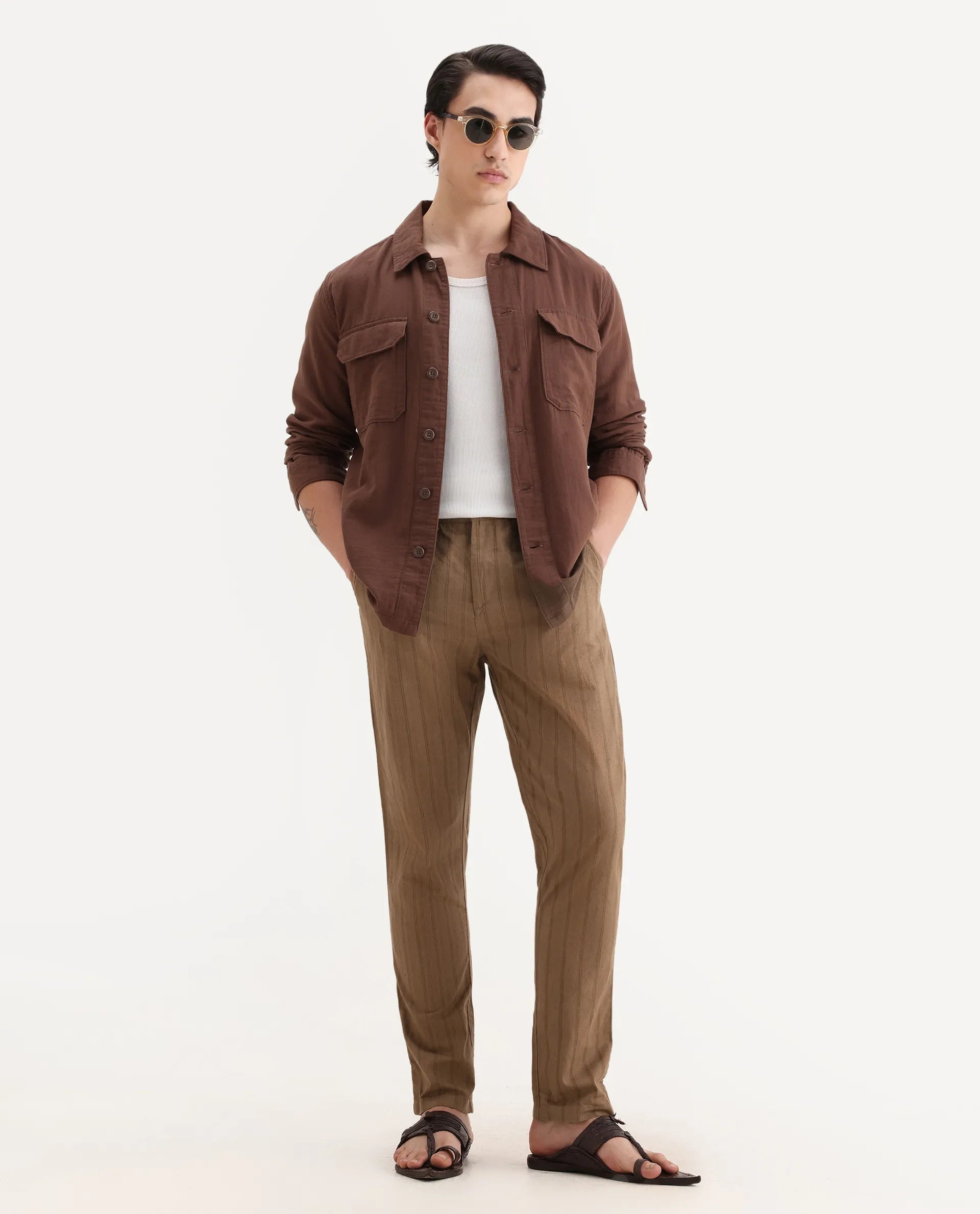 Rare Rabbit Men's Murray Brown Cotton Blend Striped Print Regular Fit Trouser