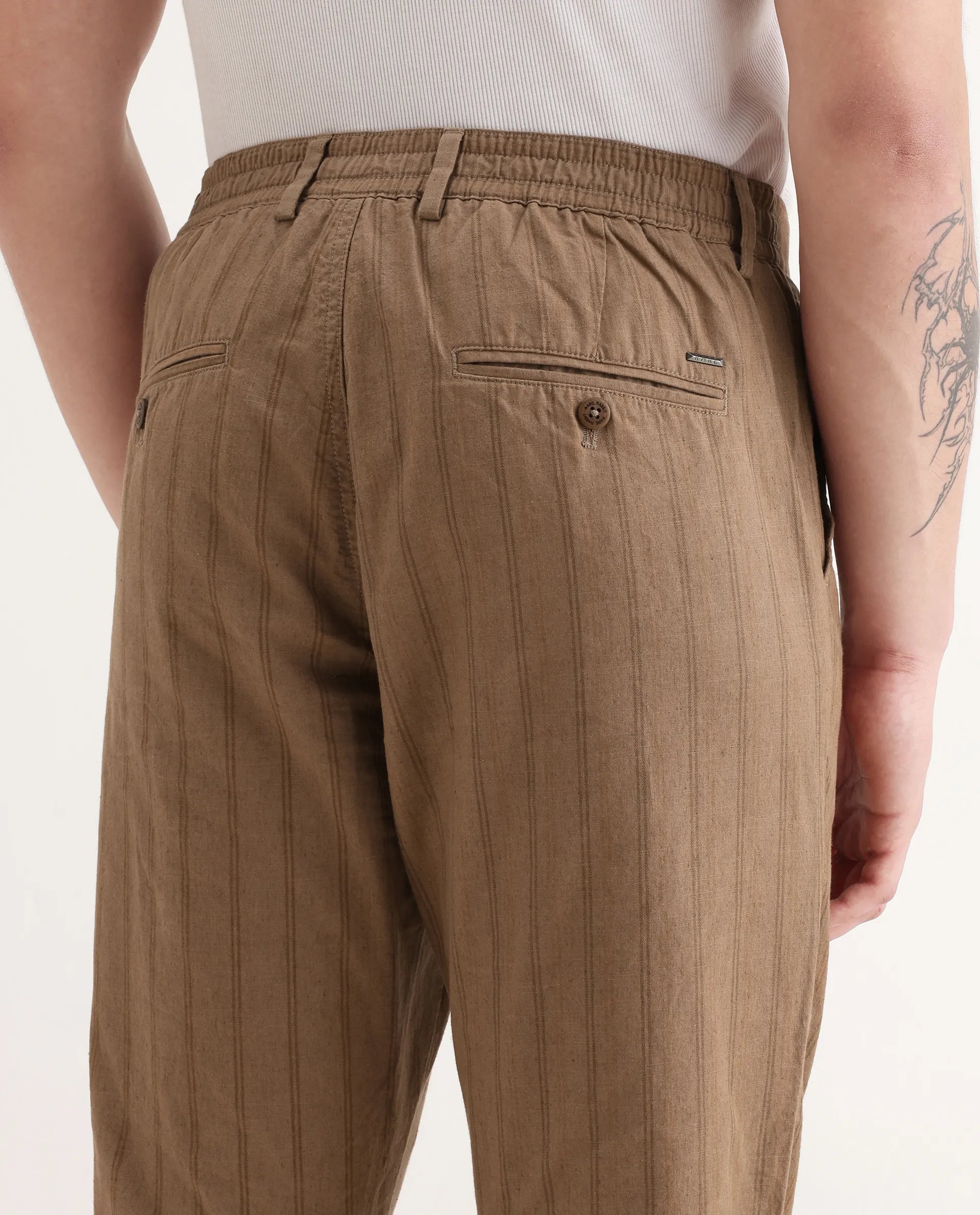 Rare Rabbit Men's Murray Brown Cotton Blend Striped Print Regular Fit Trouser