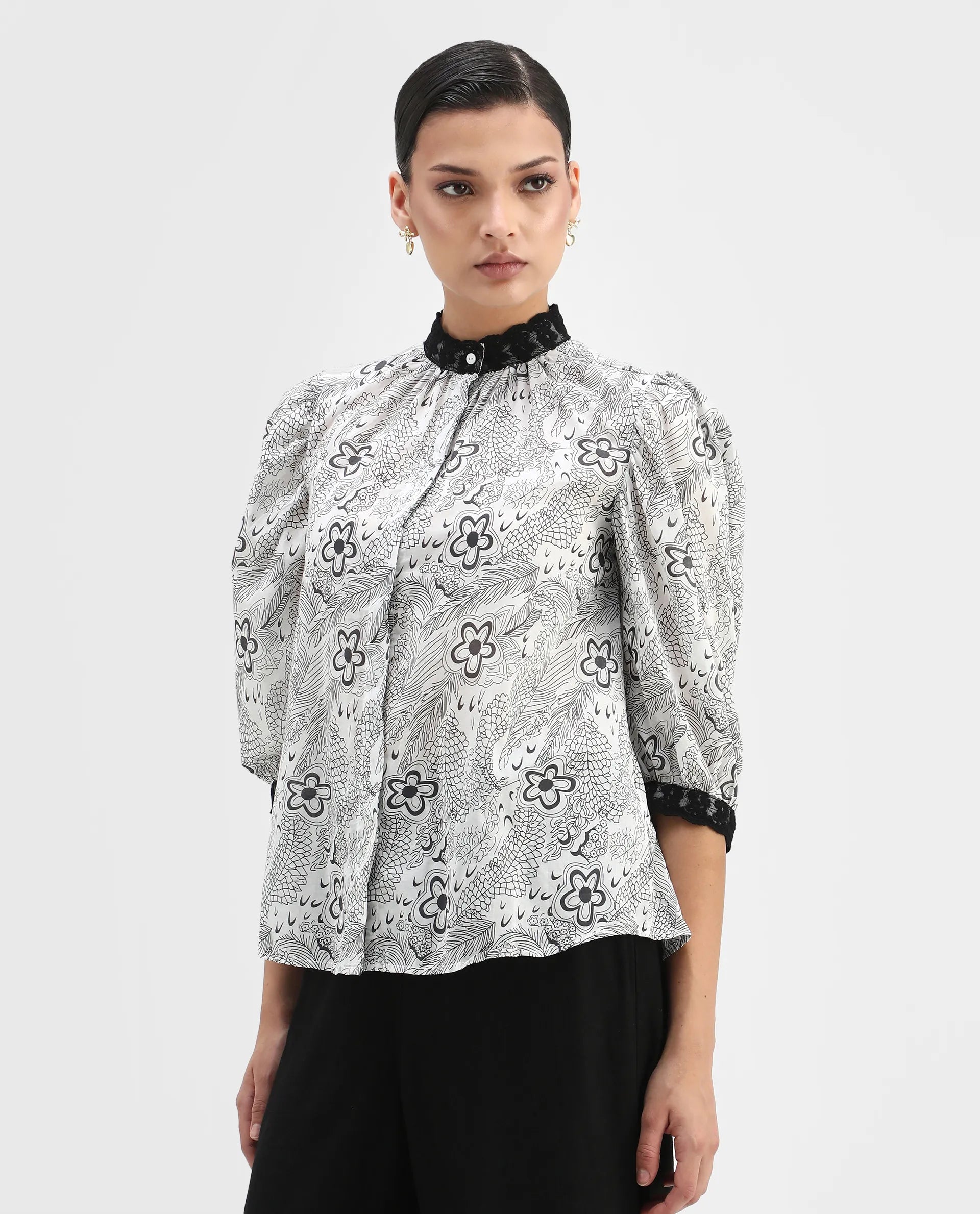 Rareism Women's Museo White Cotton Mandarin Collar Floral Print Puff Sleeves Regular Fit Top