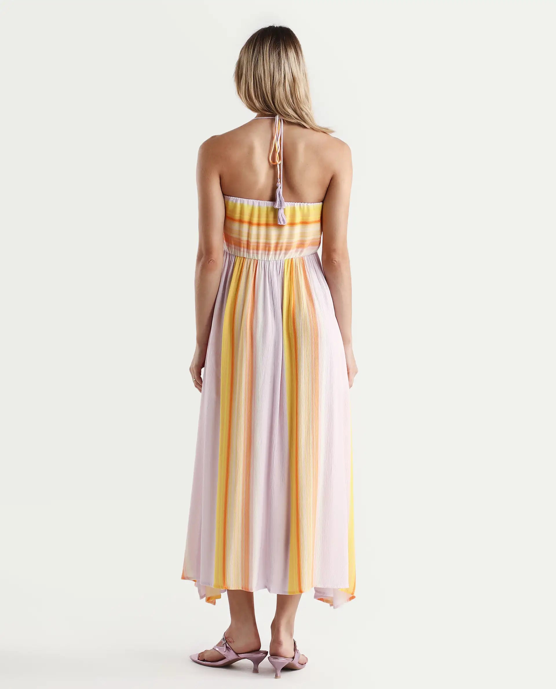 Rareism Women's Muse Pastel Purple Viscose Halter Neck Striped Sleeveless Maxi Fit And Flare Dress