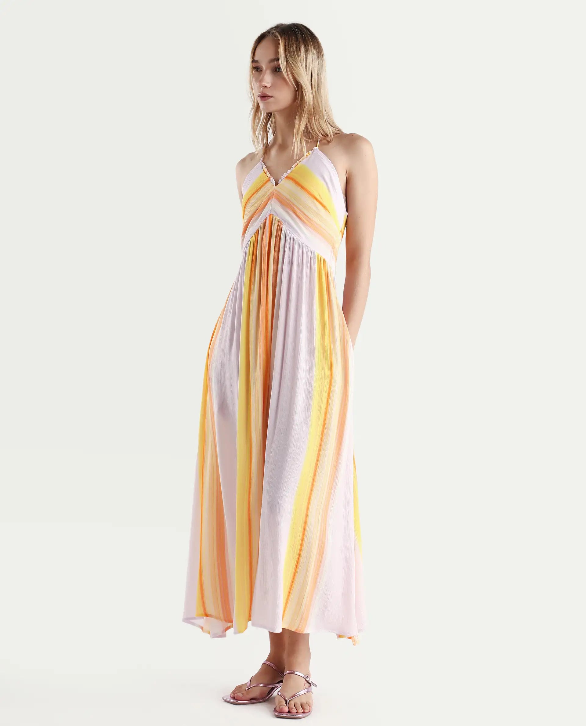 Rareism Women's Muse Pastel Purple Viscose Halter Neck Striped Sleeveless Maxi Fit And Flare Dress