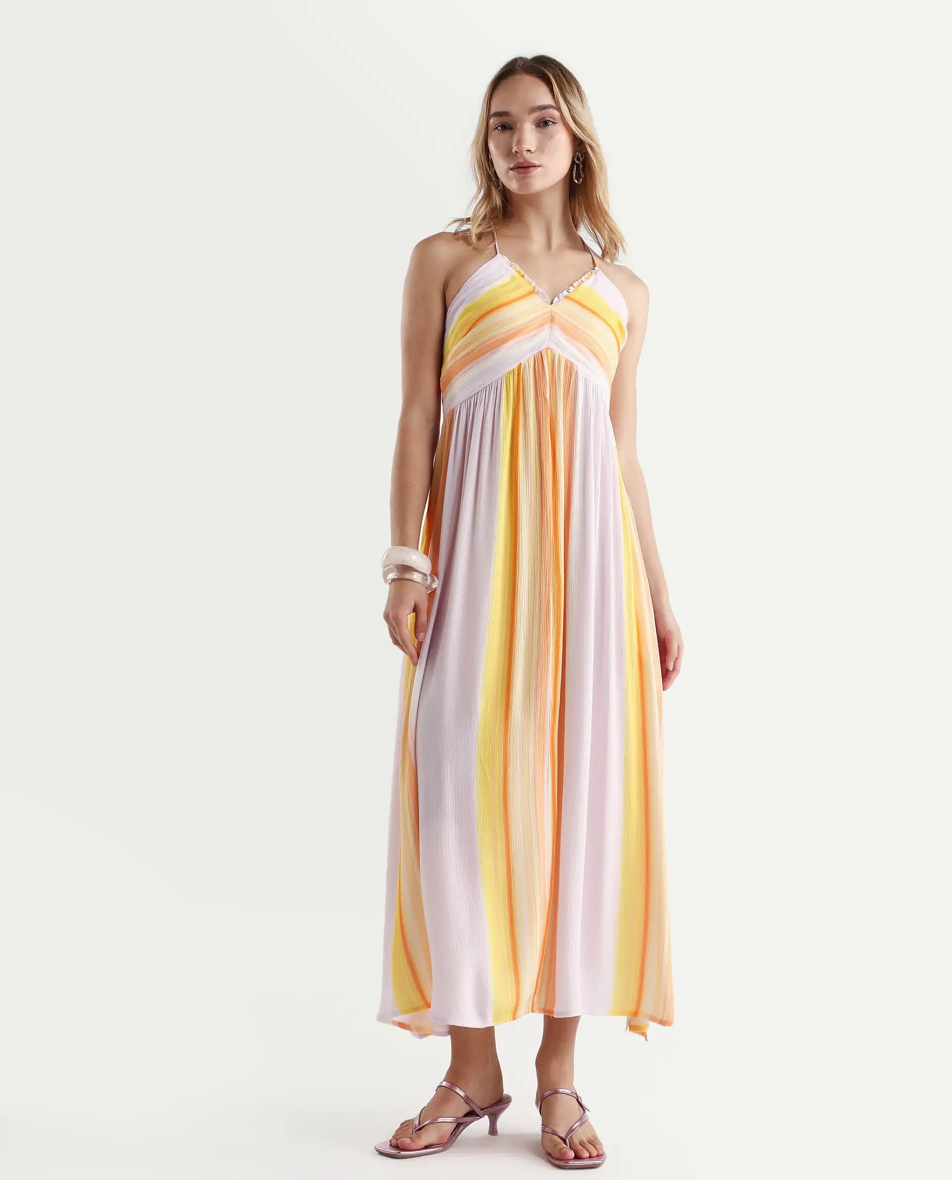 Rareism Women's Muse Pastel Purple Viscose Halter Neck Striped Sleeveless Maxi Fit And Flare Dress