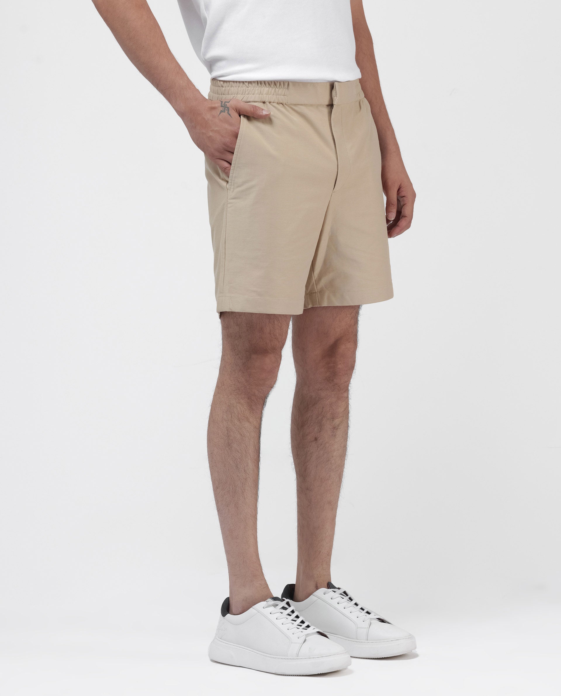 Rare Rabbit Mens Myka Khaki Cotton Elastane Fabric Button And Zip Closure Relaxed Fit Solid Shorts