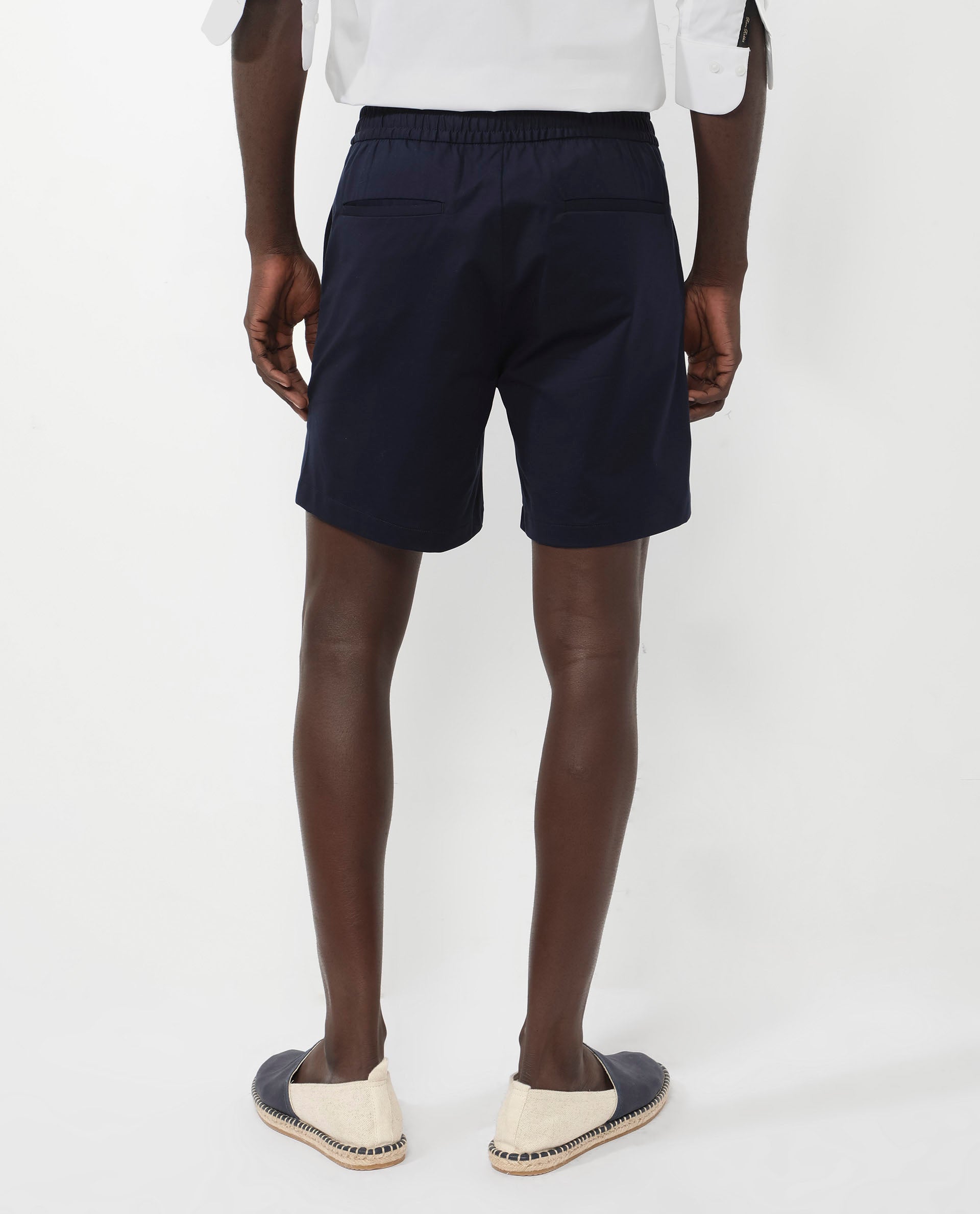 Rare Rabbit Mens Myka Navy Cotton Elastane Fabric Button And Zip Closure Relaxed Fit Solid Shorts