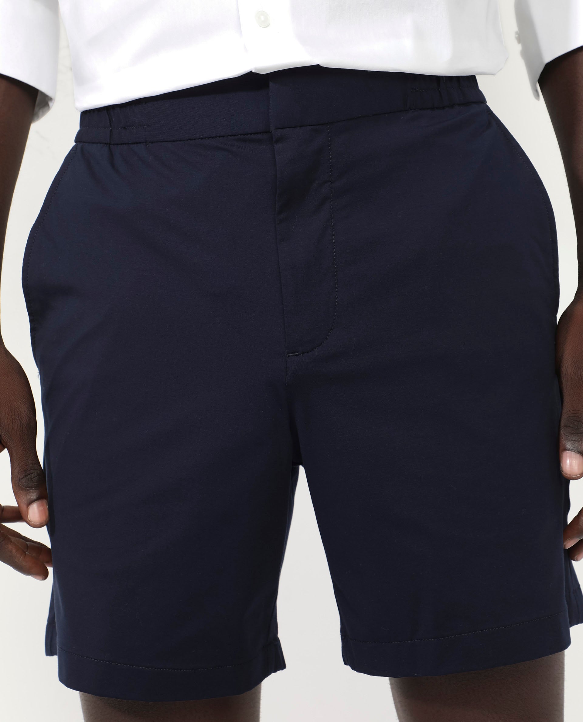 Rare Rabbit Mens Myka Navy Cotton Elastane Fabric Button And Zip Closure Relaxed Fit Solid Shorts