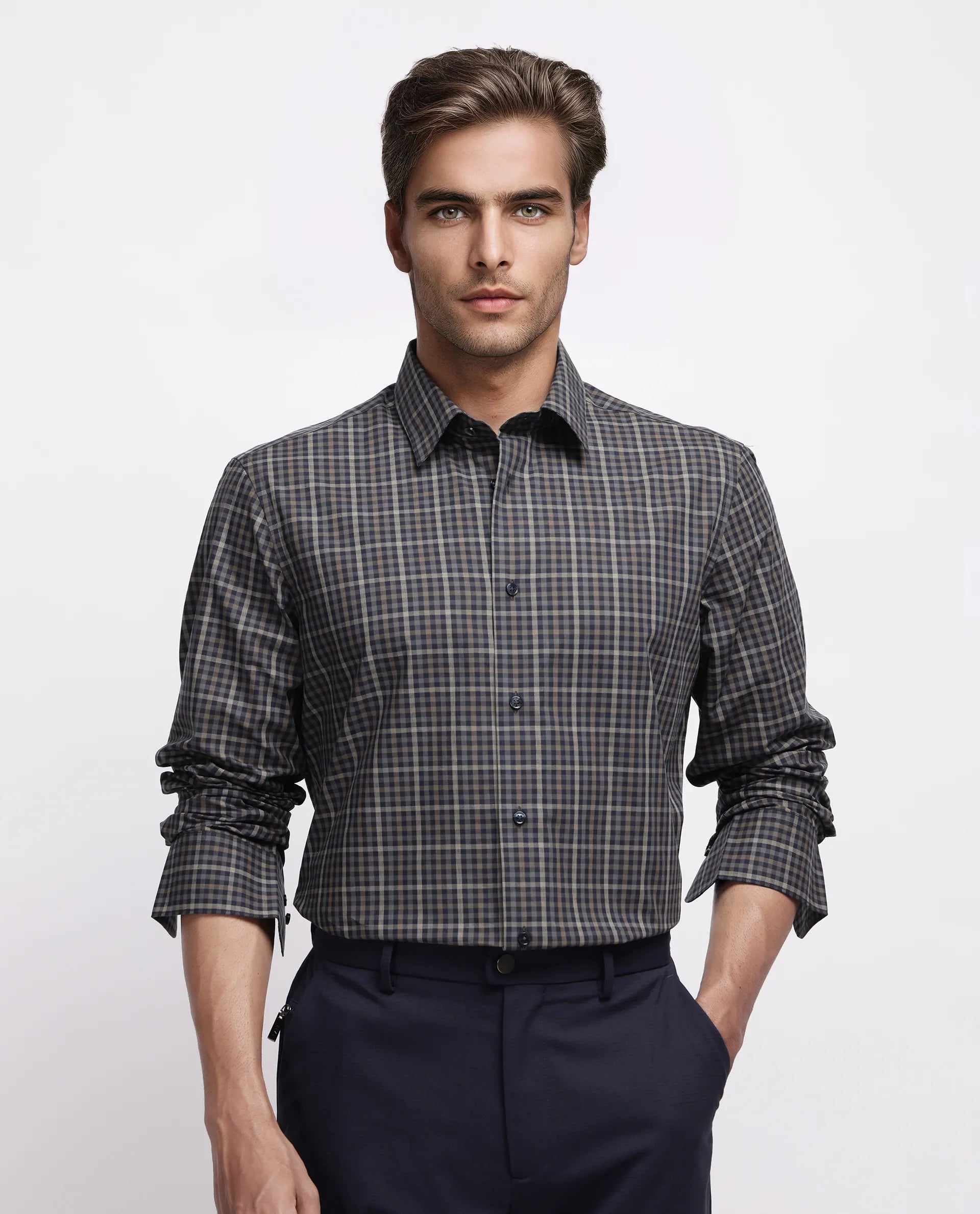 Rare Rabbit Men's Mito-1 Black Cotton Checked Print Regular Fit Full Sleeve Collared Shirt