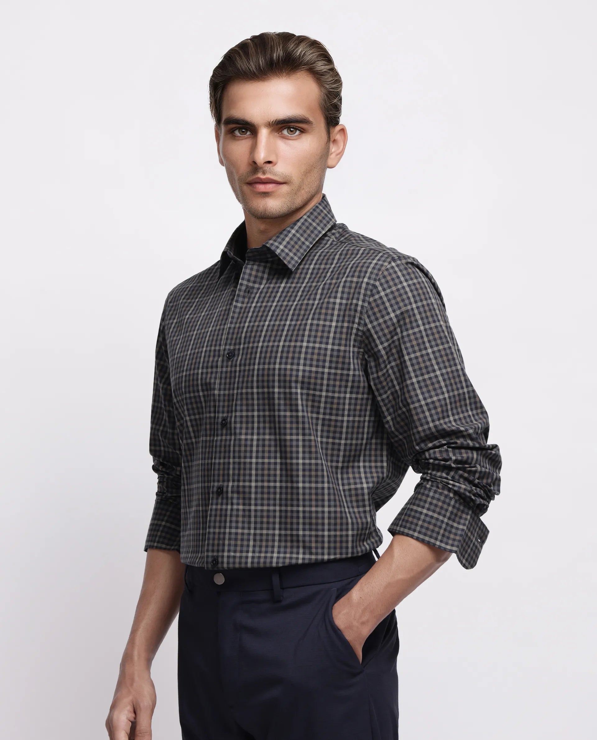 Rare Rabbit Men's Mito-1 Black Cotton Checked Print Regular Fit Full Sleeve Collared Shirt