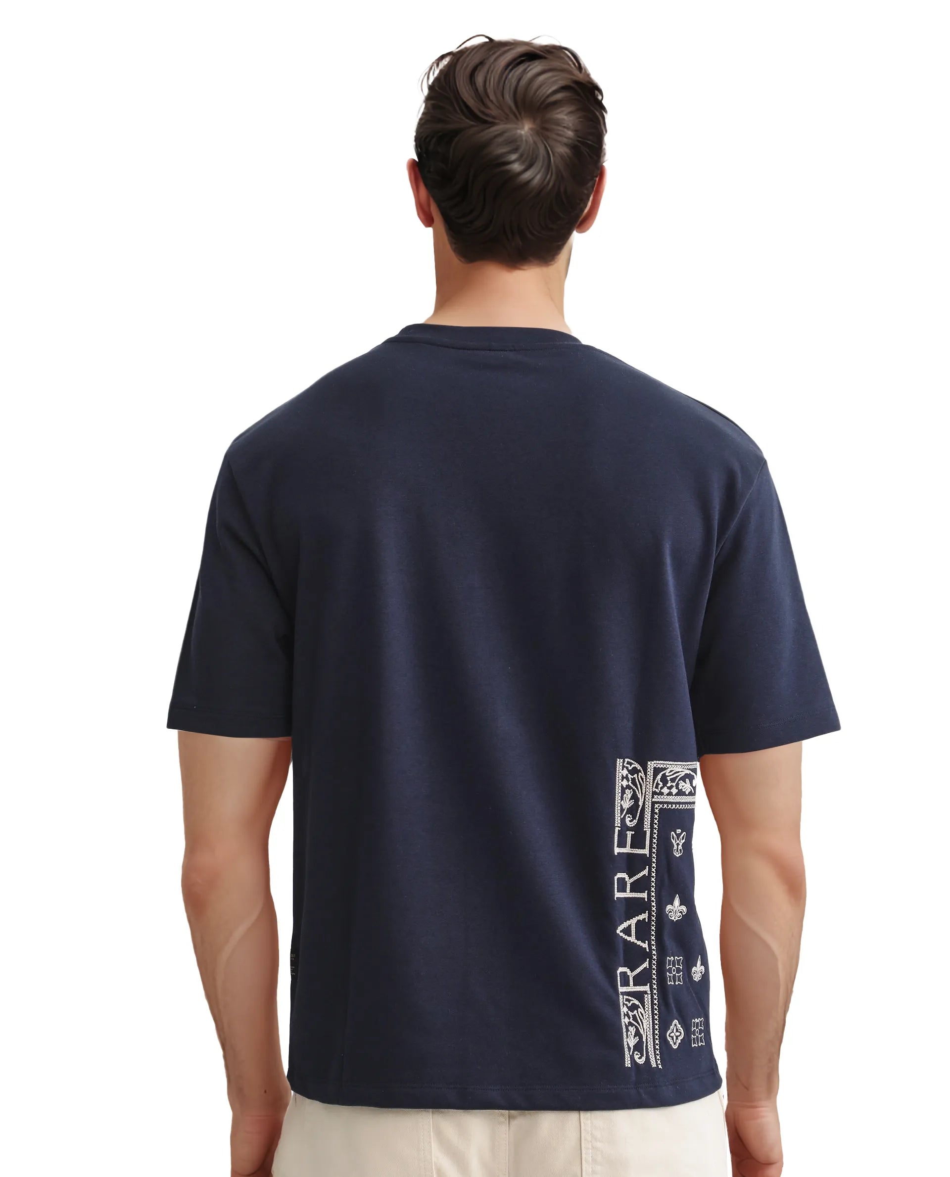 Rare Rabbit Men's Myro-1 Navy Cotton Polyester Fabric Short Sleeve Crew Neck Skinny Fit Vertical Stripes T-Shirt