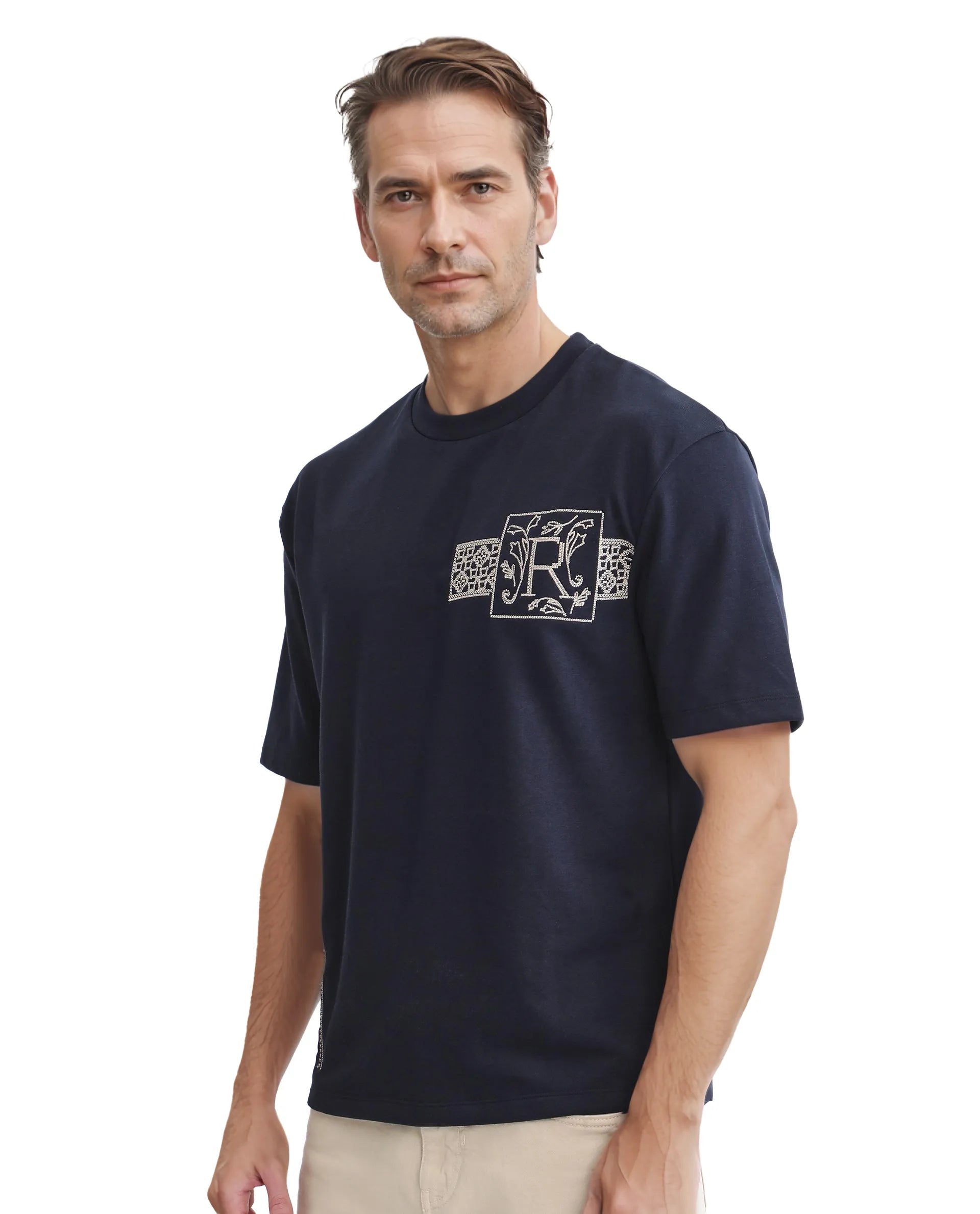 Rare Rabbit Men's Myro-1 Navy Cotton Polyester Fabric Short Sleeve Crew Neck Skinny Fit Vertical Stripes T-Shirt