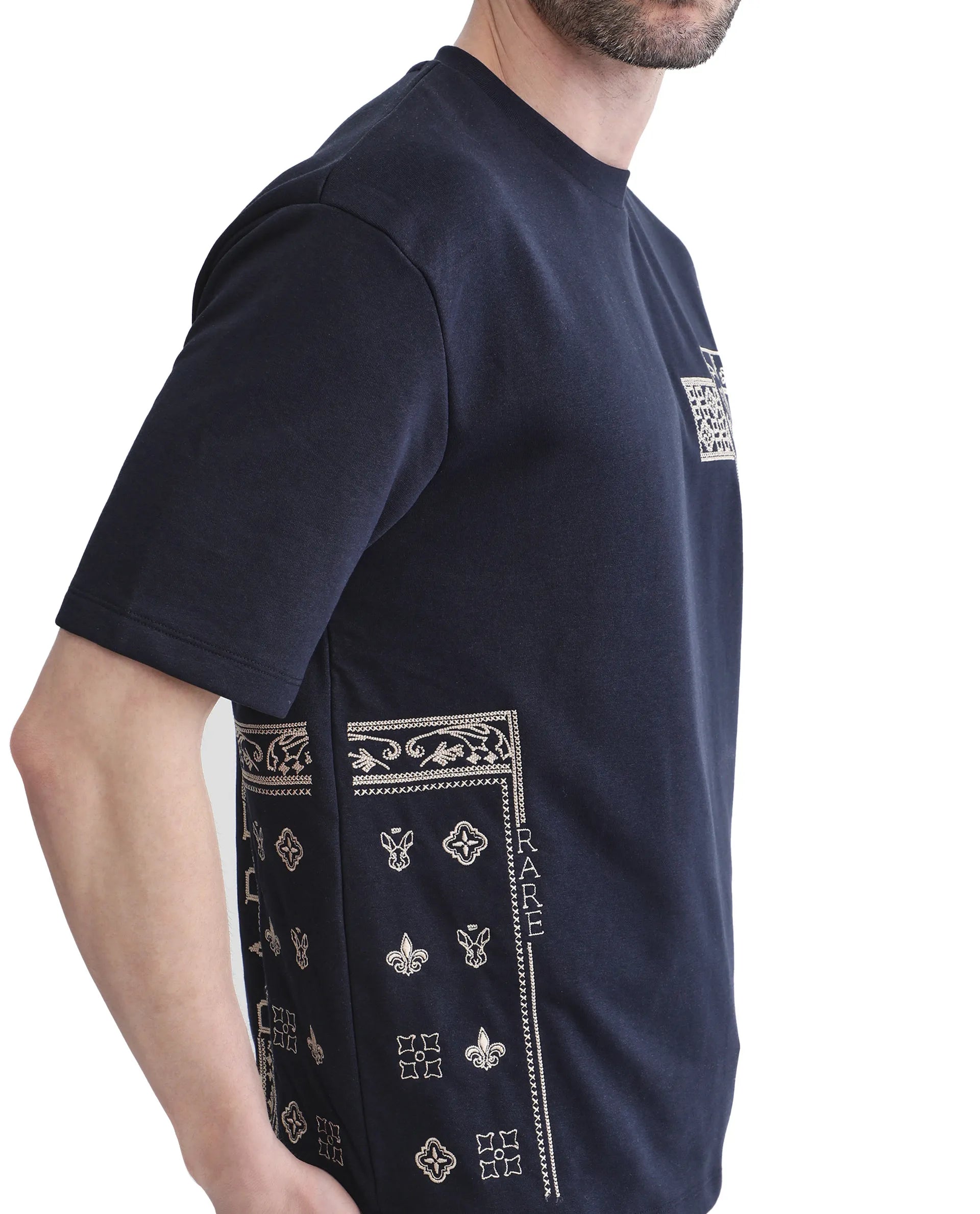 Rare Rabbit Men's Myro-1 Navy Cotton Polyester Fabric Short Sleeve Crew Neck Skinny Fit Vertical Stripes T-Shirt