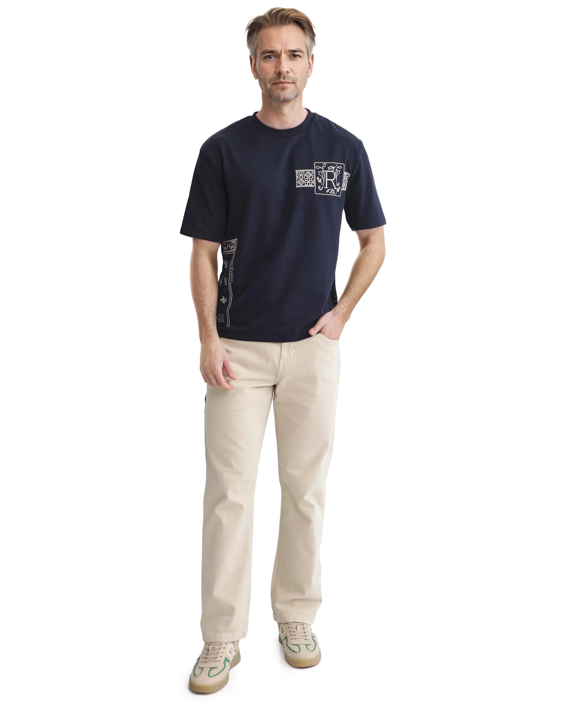 Rare Rabbit Men's Myro-1 Navy Cotton Polyester Fabric Short Sleeve Crew Neck Skinny Fit Vertical Stripes T-Shirt