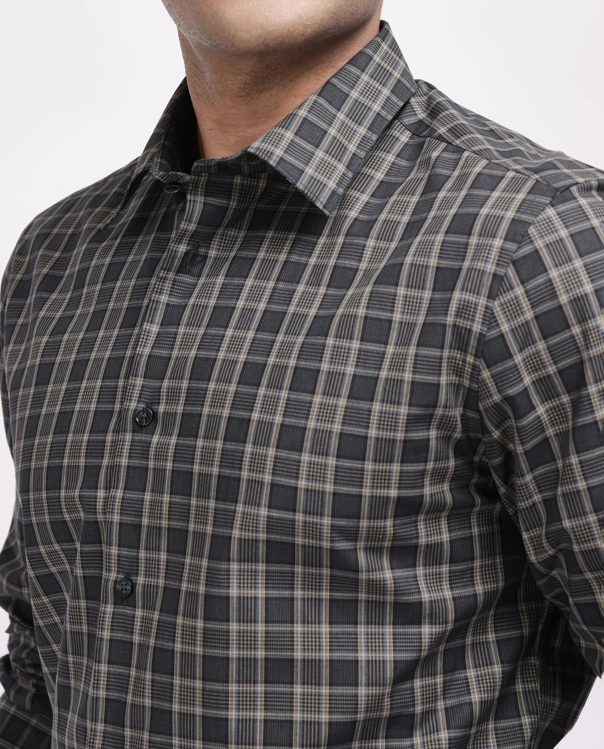 Rare Rabbit Men's Myro-2 Black Cotton Checked Print Regular Fit Full Sleeve Collared Shirt