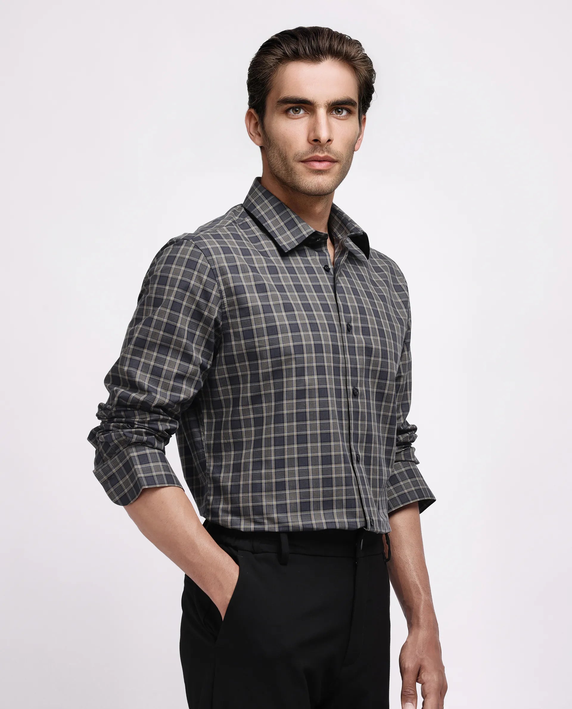 Rare Rabbit Men's Myro-2 Black Cotton Checked Print Regular Fit Full Sleeve Collared Shirt