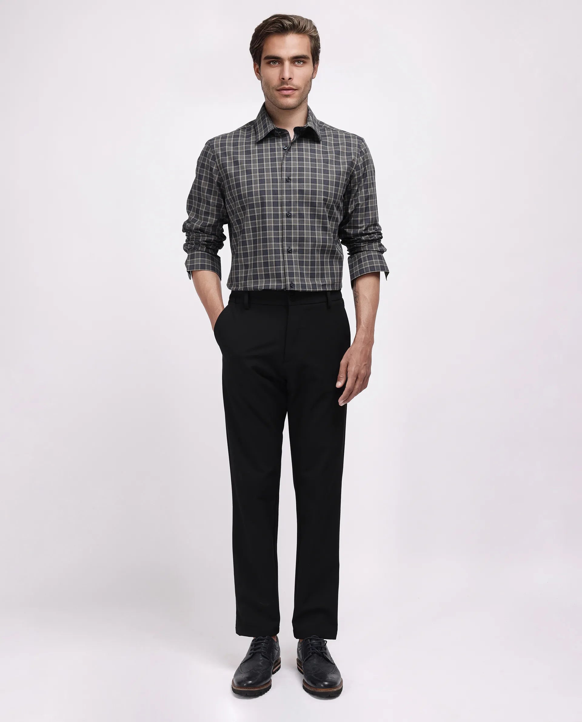 Rare Rabbit Men's Myro-2 Black Cotton Checked Print Regular Fit Full Sleeve Collared Shirt