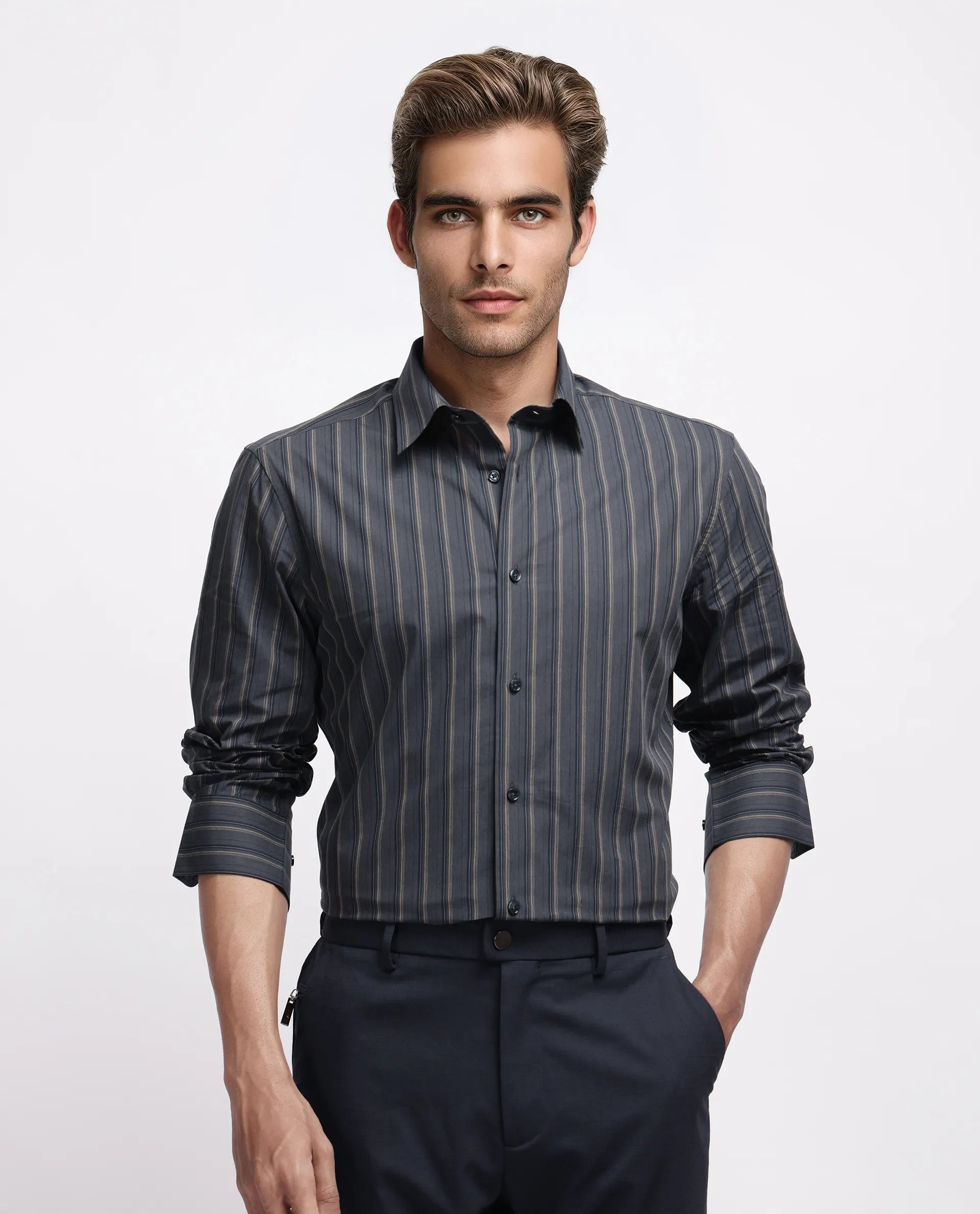 Rare Rabbit Men's Myro-3 Black Cotton Striped Print Regular Fit Full Sleeve Collared Shirt